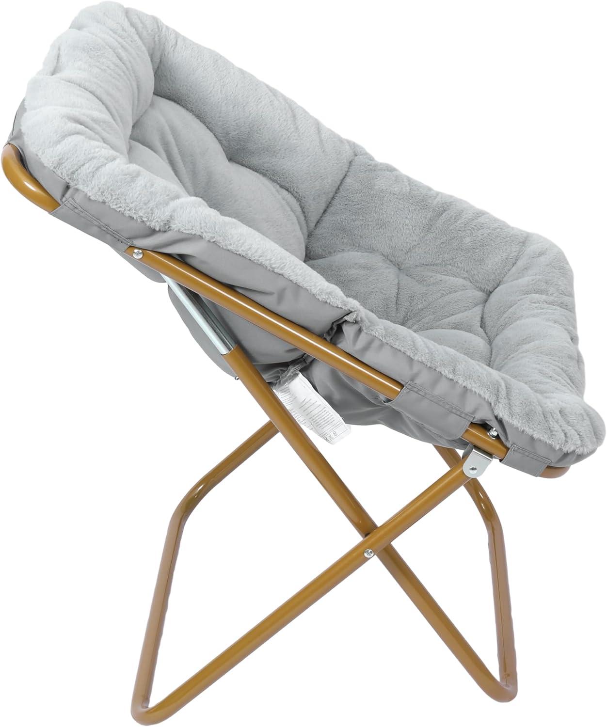 imageFlash Furniture Archer Saucer Chair with Folding Steel Frame Portable Oversized Saucer Chair for Dorm or Bedroom 28quot Dusty Aqua Faux FurSoft Gold FrameGray FabricSoft Gold Frame