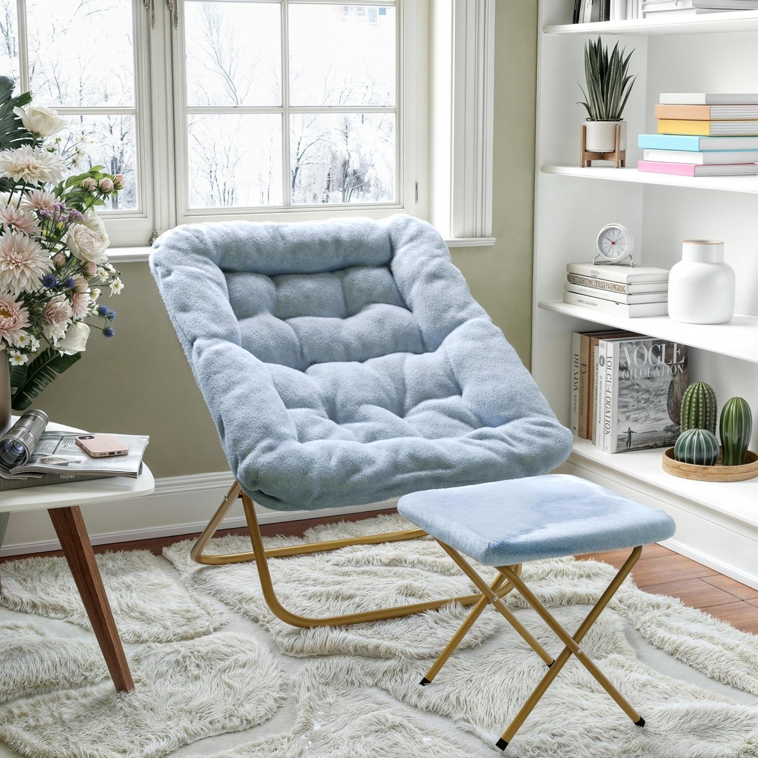 imageFlash Furniture Archer Saucer Chair with Folding Steel Frame Portable Oversized Saucer Chair for Dorm or Bedroom 28quot Dusty Aqua Faux FurSoft Gold FrameAqua FabricSoft Gold Frame