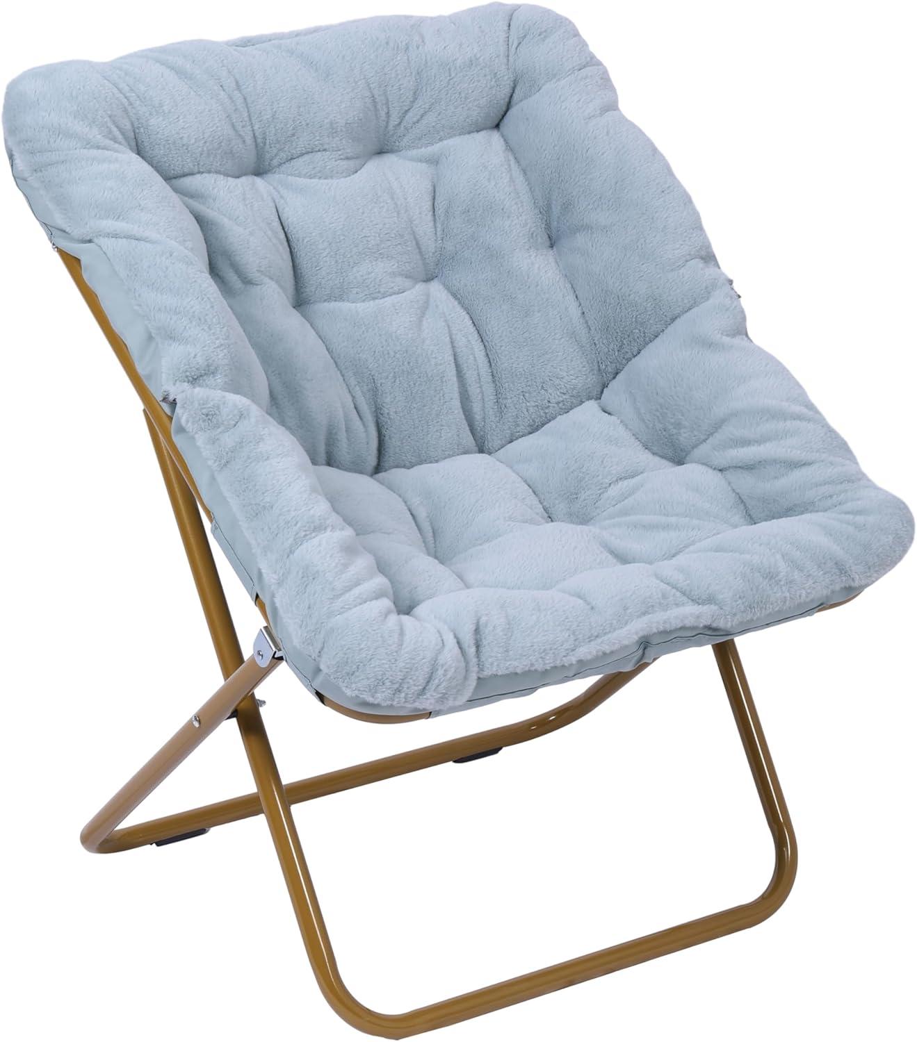 imageFlash Furniture Archer Saucer Chair with Folding Steel Frame Portable Oversized Saucer Chair for Dorm or Bedroom 28quot Dusty Aqua Faux FurSoft Gold FrameAqua FabricSoft Gold Frame