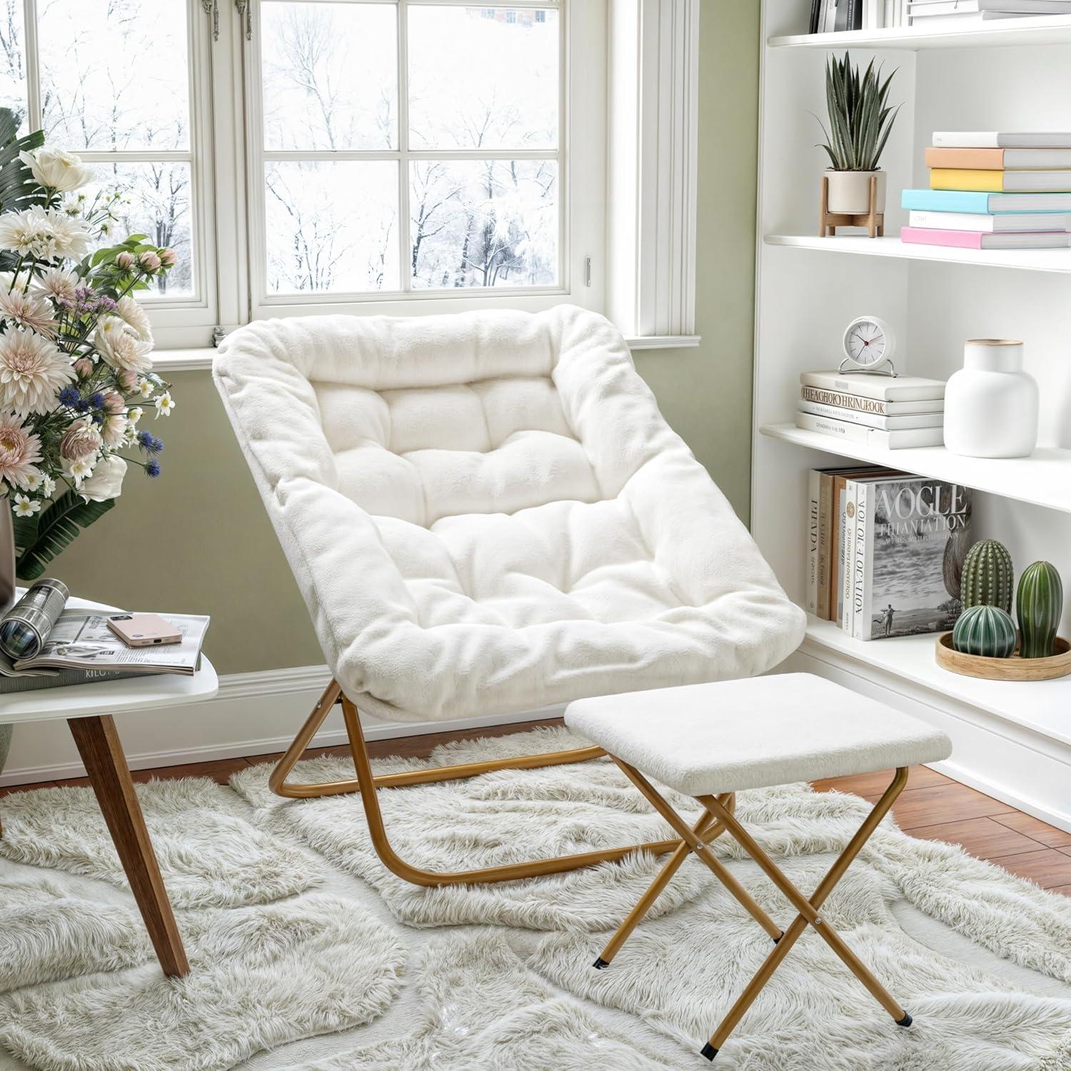 imageFlash Furniture Archer Saucer Chair with Folding Steel Frame Portable Oversized Saucer Chair for Dorm or Bedroom 28quot Dusty Aqua Faux FurSoft Gold FrameIvory Faux Shearling FabricSoft Gold Frame