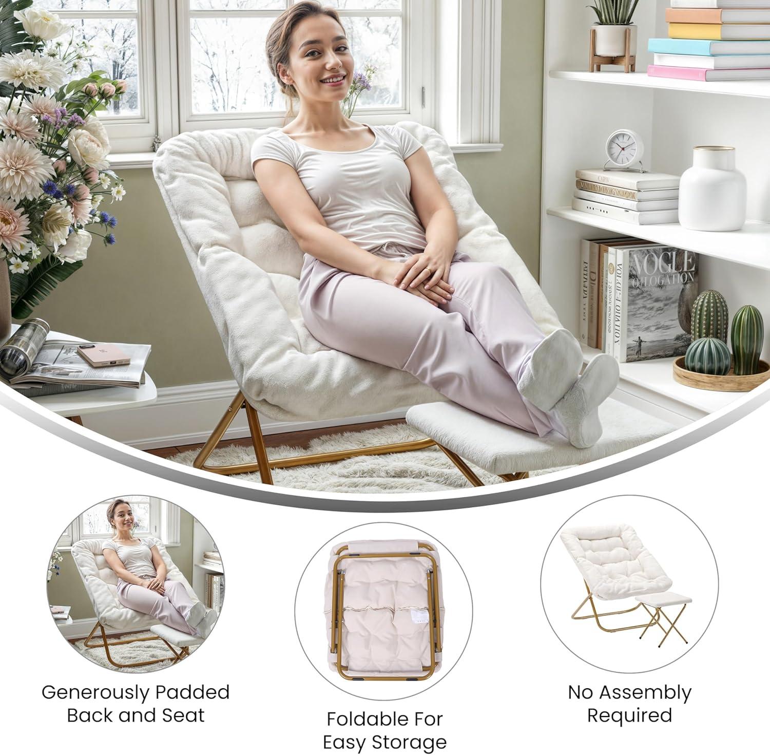 imageFlash Furniture Archer Saucer Chair with Folding Steel Frame Portable Oversized Saucer Chair for Dorm or Bedroom 28quot Dusty Aqua Faux FurSoft Gold FrameIvory Faux Shearling FabricSoft Gold Frame