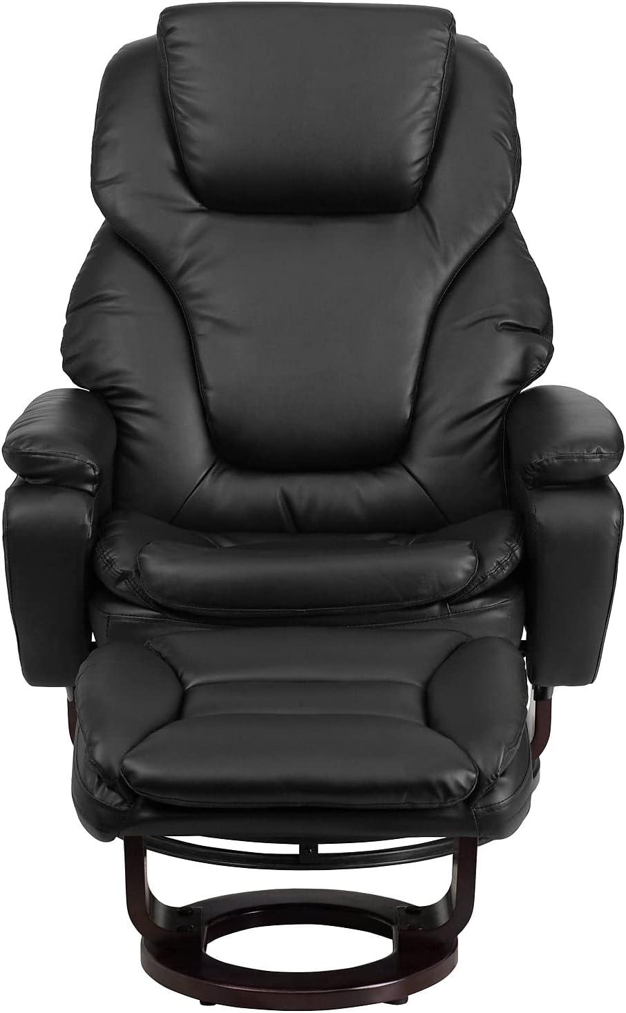 imageFlash Furniture Austin Contemporary MultiPosition Recliner and Ottoman with Swivel Mahogany Wood Base in Black LeatherSoftBlack Leathersoft