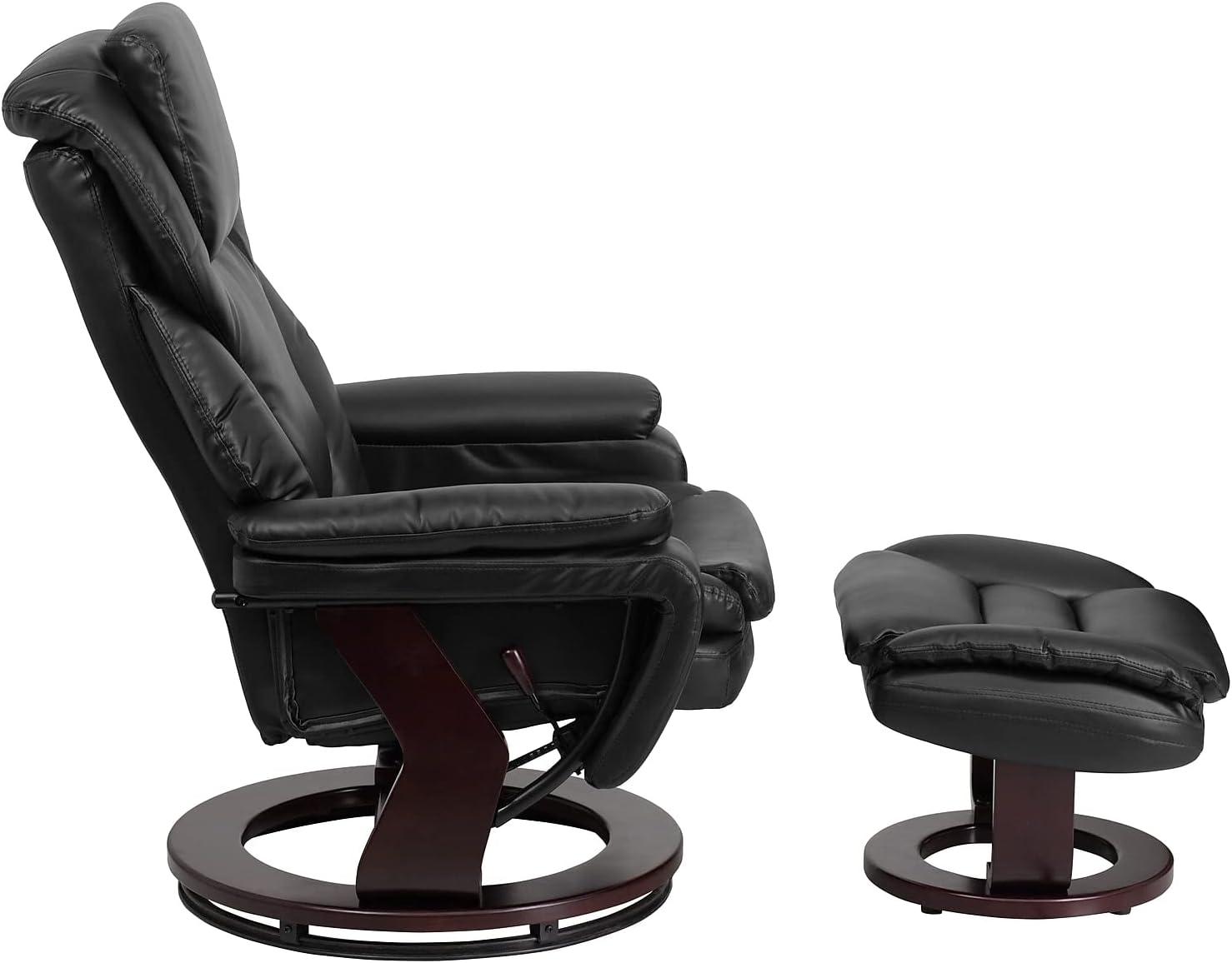imageFlash Furniture Austin Contemporary MultiPosition Recliner and Ottoman with Swivel Mahogany Wood Base in Black LeatherSoftBlack Leathersoft