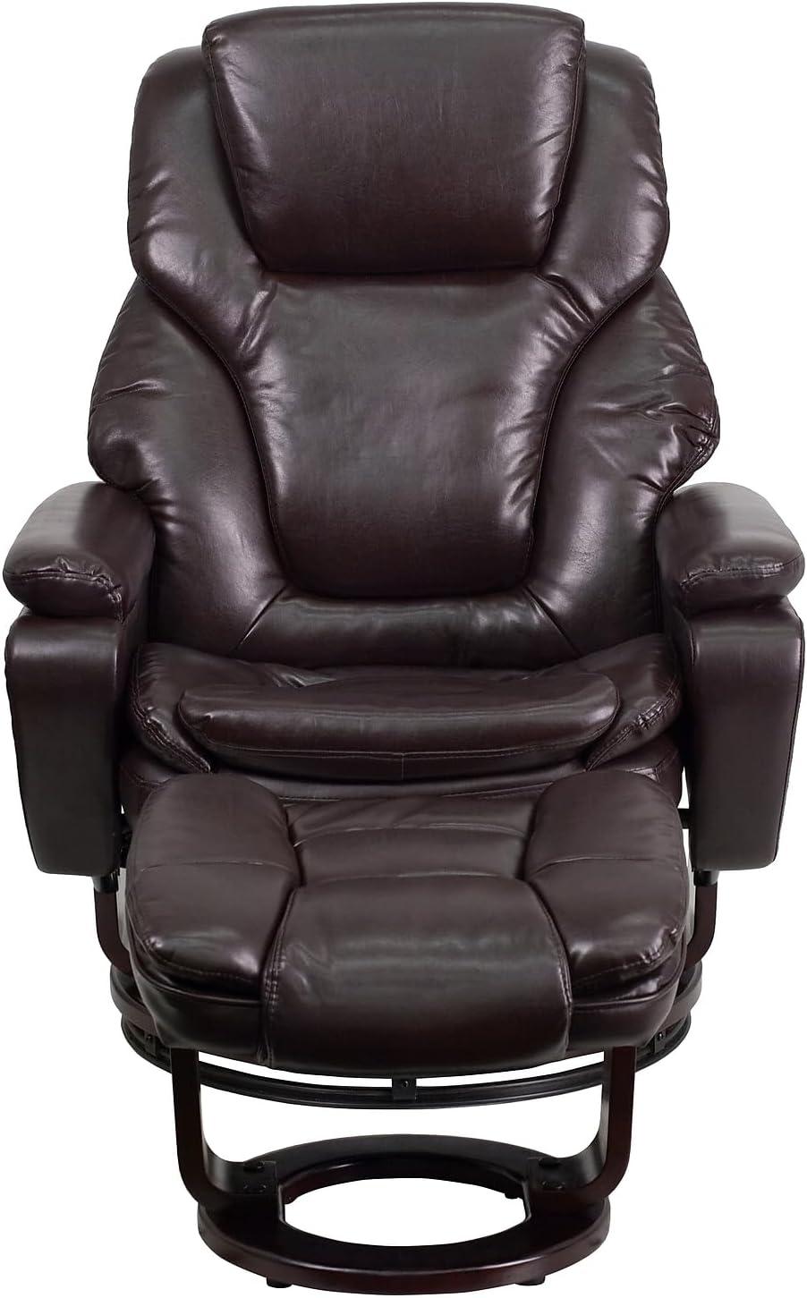 imageFlash Furniture Austin Contemporary MultiPosition Recliner and Ottoman with Swivel Mahogany Wood Base in Black LeatherSoftBrown Leathersoft