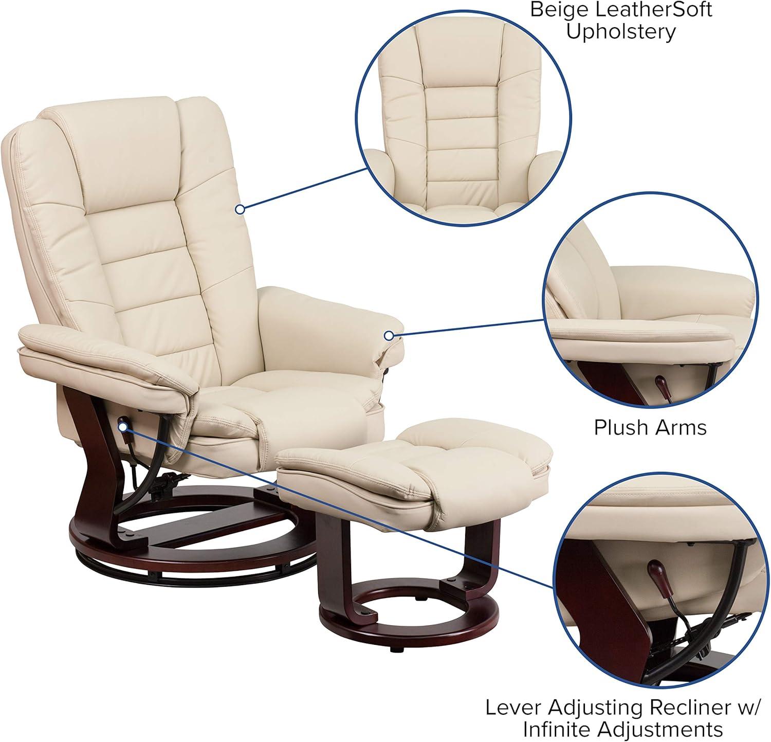 imageFlash Furniture Bali Contemporary MultiPosition LeatherSoft Recliner Chair with Ottoman 360Degree Swivel Recliner ChairOttoman Set BeigeBeige