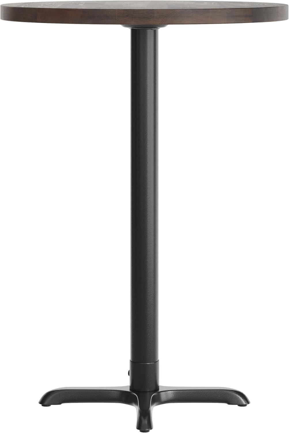 imageFlash Furniture Bennett 30quot Round Solid Wood Commercial Indoor Tabletop in Dark Brown with 22quot x 22quot Bar Height Black Cast Iron X Base 300 lb Static CapacityDark Brown TopBlack Base