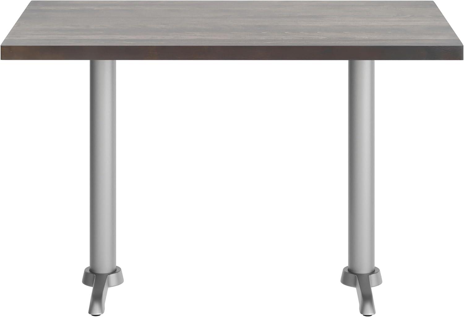 imageFlash Furniture Bennett 30quot x 48quot Solid Wood Commercial Indoor Tabletop in Natural with Dual 5quot x 22quot Dining Height Black Cast Iron T Bases 400 lb Static CapacityDark Brown TopSilver Base