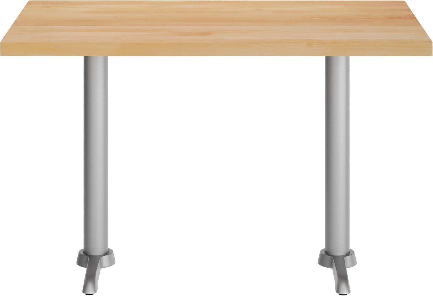imageFlash Furniture Bennett 30quot x 48quot Solid Wood Commercial Indoor Tabletop in Natural with Dual 5quot x 22quot Dining Height Black Cast Iron T Bases 400 lb Static CapacityNatural TopSilver Base