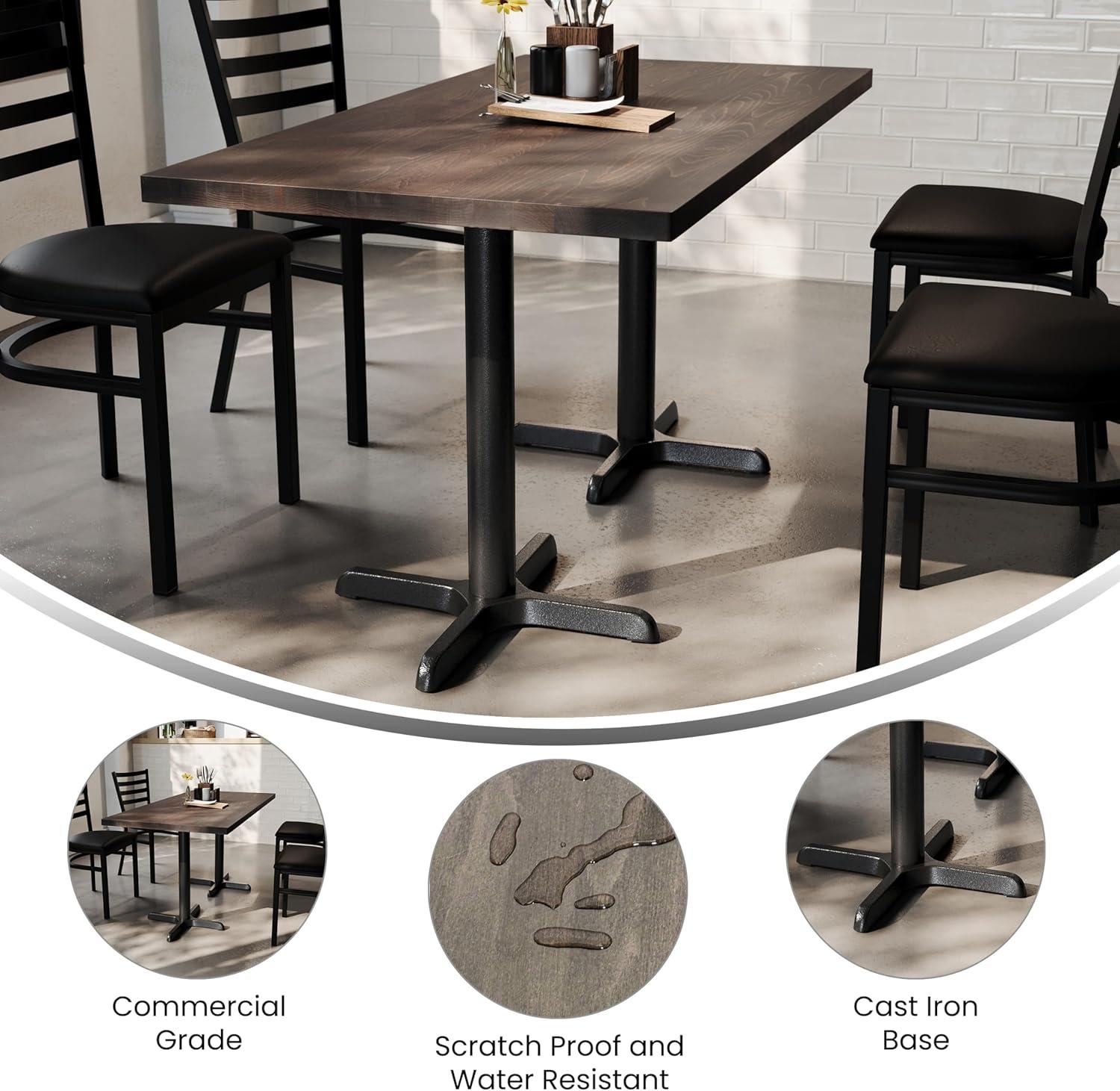 imageFlash Furniture Bennett 30quot x 60quot Solid Wood Commercial Indoor Tabletop in Dark Brown with 22quot x 22quot Dining Height Black Cast Iron X Base 300 lb Static CapacityDark Brown TopBlack Base