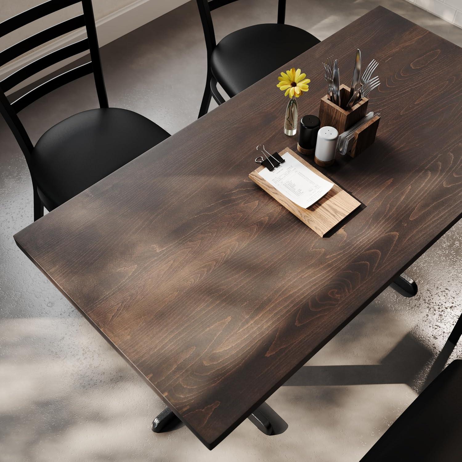 imageFlash Furniture Bennett 30quot x 60quot Solid Wood Commercial Indoor Tabletop in Dark Brown with 22quot x 22quot Dining Height Black Cast Iron X Base 300 lb Static CapacityDark Brown TopBlack Base
