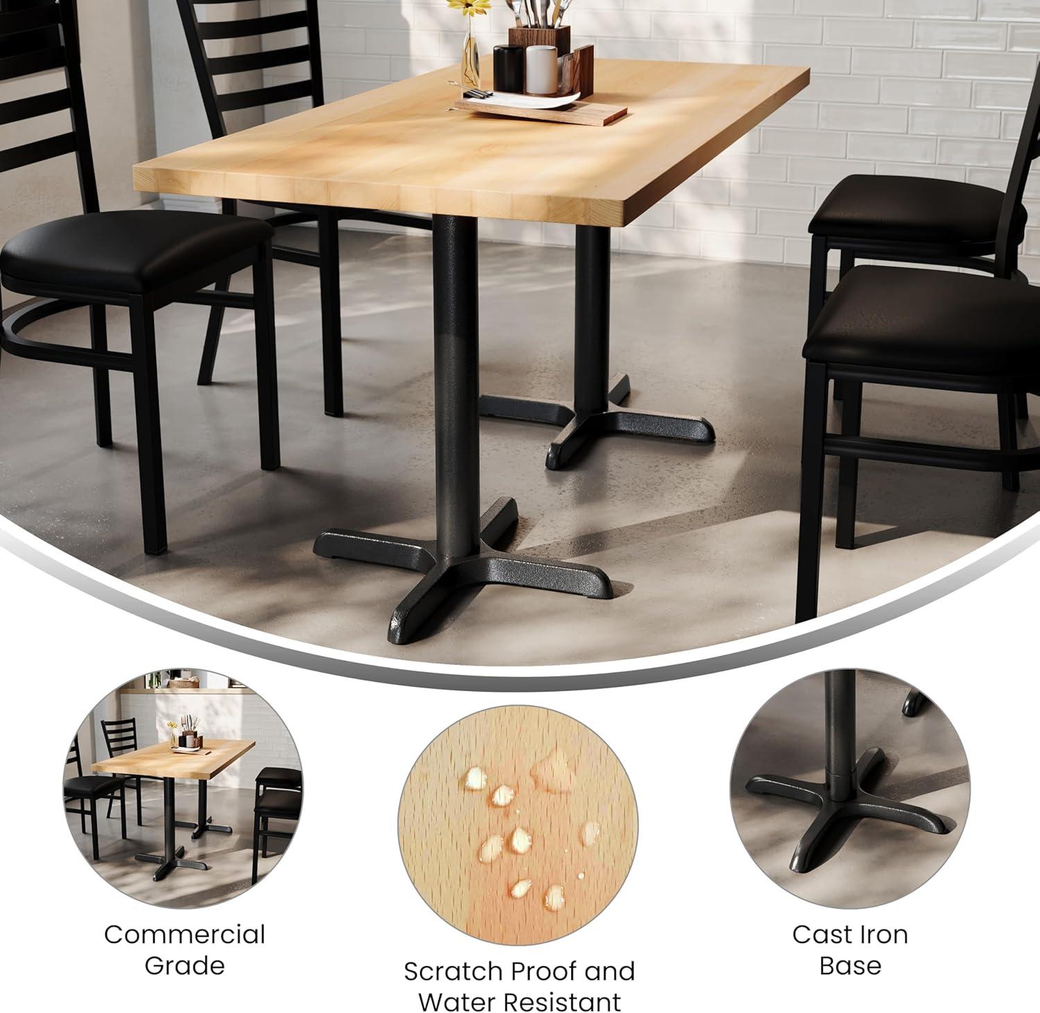 imageFlash Furniture Bennett 30quot x 60quot Solid Wood Commercial Indoor Tabletop in Dark Brown with 22quot x 22quot Dining Height Black Cast Iron X Base 300 lb Static CapacityNatural TopBlack Base
