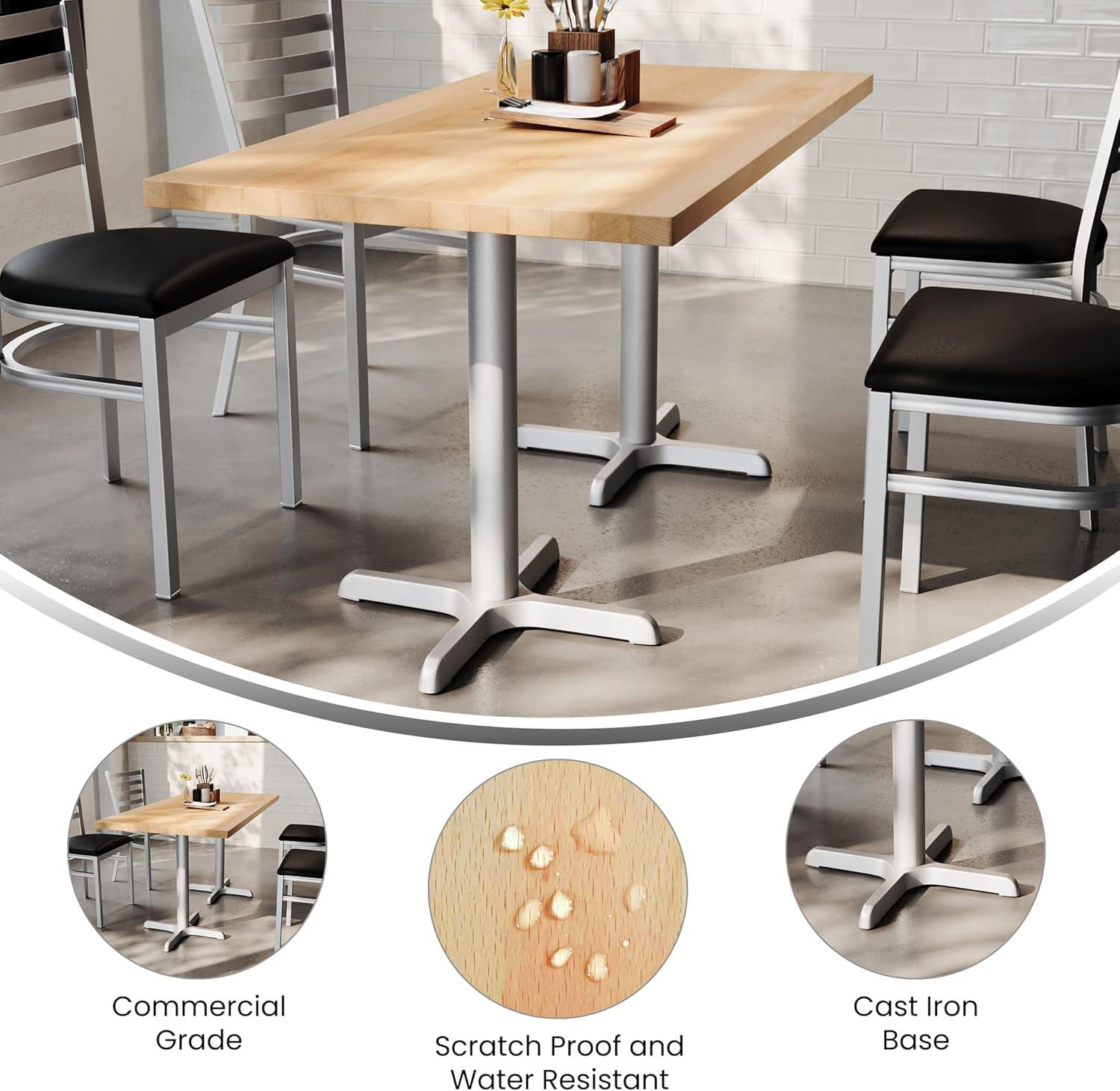 imageFlash Furniture Bennett 30quot x 60quot Solid Wood Commercial Indoor Tabletop in Dark Brown with 22quot x 22quot Dining Height Black Cast Iron X Base 300 lb Static CapacityNatural TopSilver Base