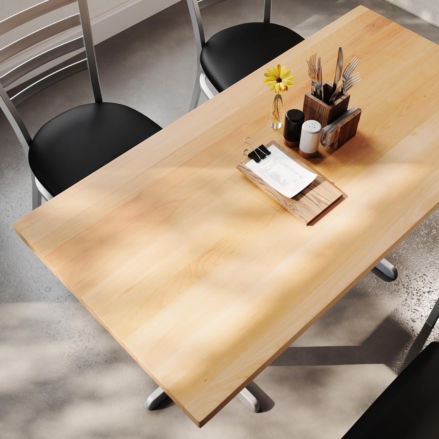 imageFlash Furniture Bennett 30quot x 60quot Solid Wood Commercial Indoor Tabletop in Dark Brown with 22quot x 22quot Dining Height Black Cast Iron X Base 300 lb Static CapacityNatural TopSilver Base
