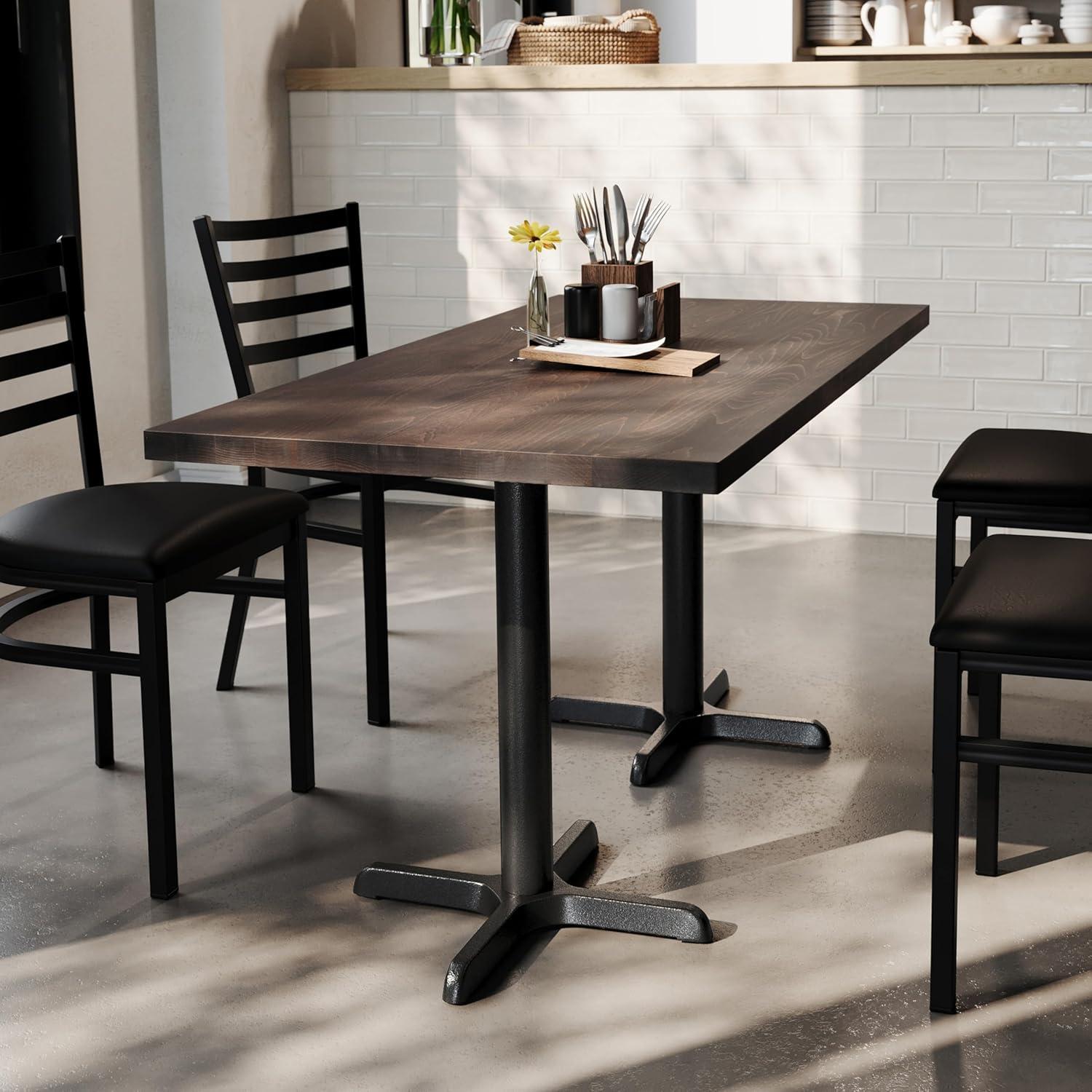 imageFlash Furniture Bennett 30quot x 60quot Solid Wood Commercial Indoor Tabletop in Dark Brown with 22quot x 22quot Dining Height Black Cast Iron X Base 300 lb Static CapacityDark Brown TopBlack Base