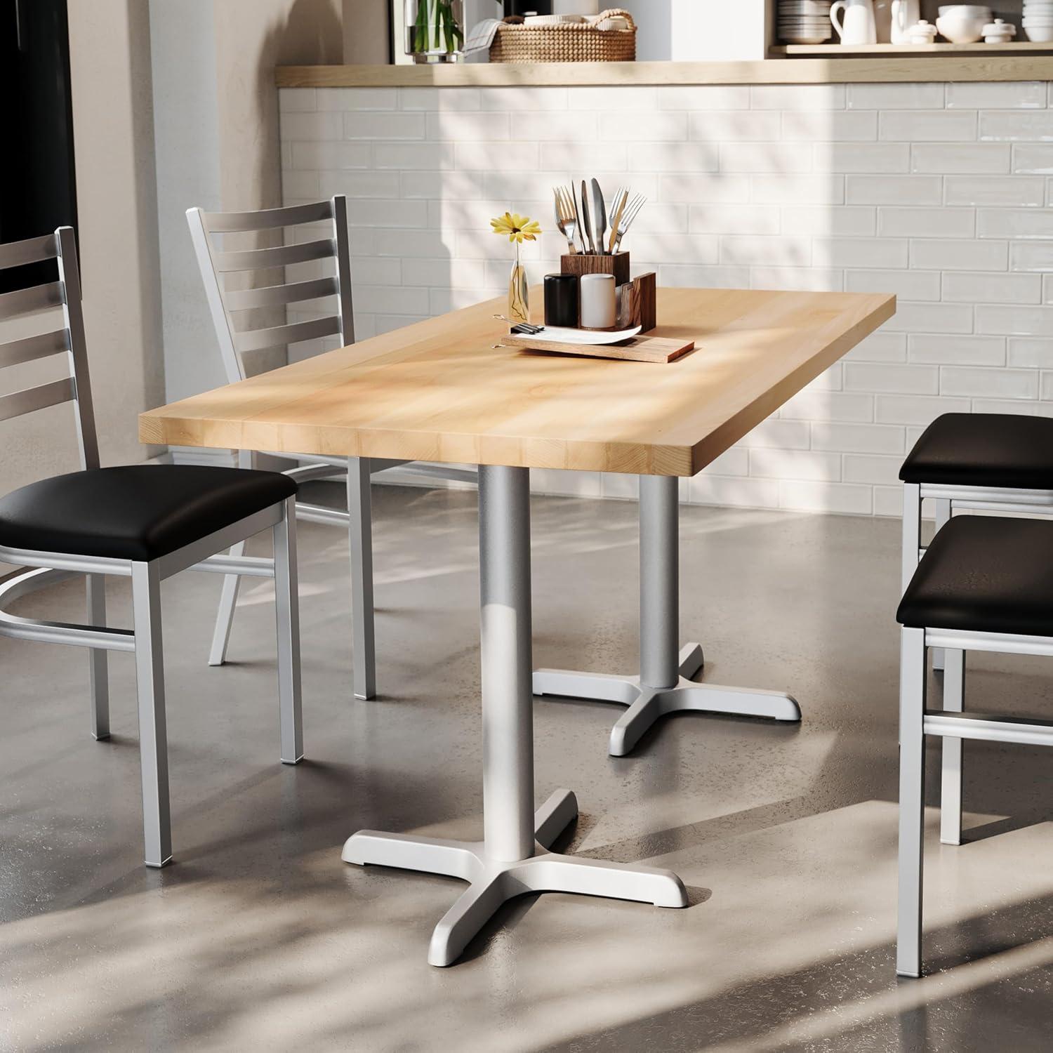 imageFlash Furniture Bennett 30quot x 60quot Solid Wood Commercial Indoor Tabletop in Dark Brown with 22quot x 22quot Dining Height Black Cast Iron X Base 300 lb Static CapacityNatural TopSilver Base