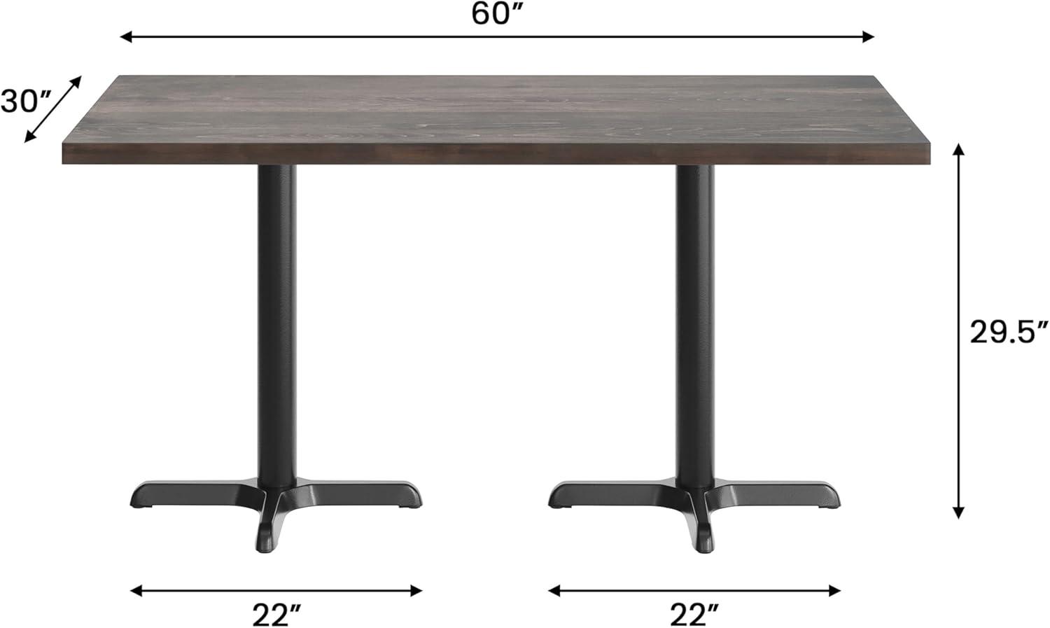 imageFlash Furniture Bennett 30quot x 60quot Solid Wood Commercial Indoor Tabletop in Dark Brown with 22quot x 22quot Dining Height Black Cast Iron X Base 300 lb Static CapacityDark Brown TopBlack Base