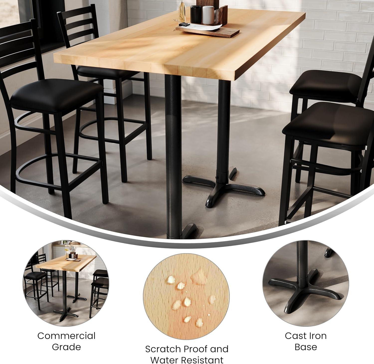 imageFlash Furniture Bennett 30quot x 60quot Solid Wood Commercial Indoor Tabletop in Natural with 22quot x 22quot Bar Height Black Cast Iron X Base 300 lb Static CapacityNatural TopBlack Base