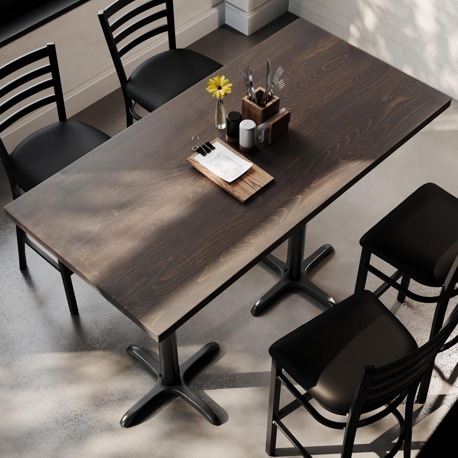 imageFlash Furniture Bennett 30quot x 60quot Solid Wood Commercial Indoor Tabletop in Natural with 22quot x 22quot Bar Height Black Cast Iron X Base 300 lb Static CapacityDark Brown TopBlack Base