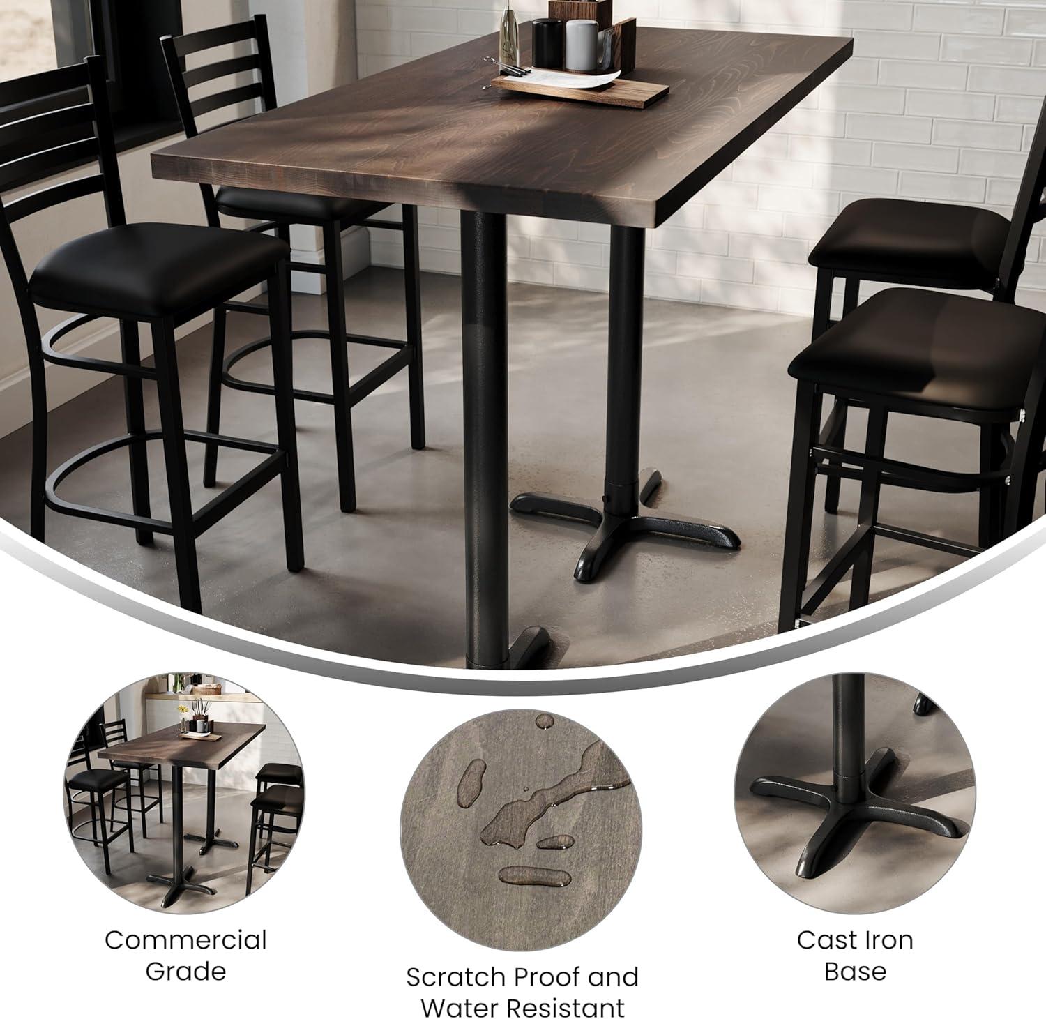 imageFlash Furniture Bennett 30quot x 60quot Solid Wood Commercial Indoor Tabletop in Natural with 22quot x 22quot Bar Height Black Cast Iron X Base 300 lb Static CapacityDark Brown TopBlack Base