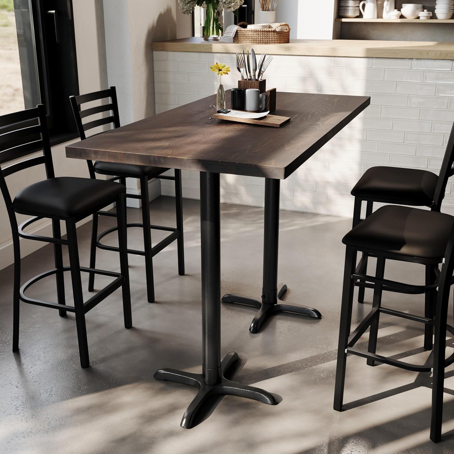 imageFlash Furniture Bennett 30quot x 60quot Solid Wood Commercial Indoor Tabletop in Natural with 22quot x 22quot Bar Height Black Cast Iron X Base 300 lb Static CapacityDark Brown TopBlack Base