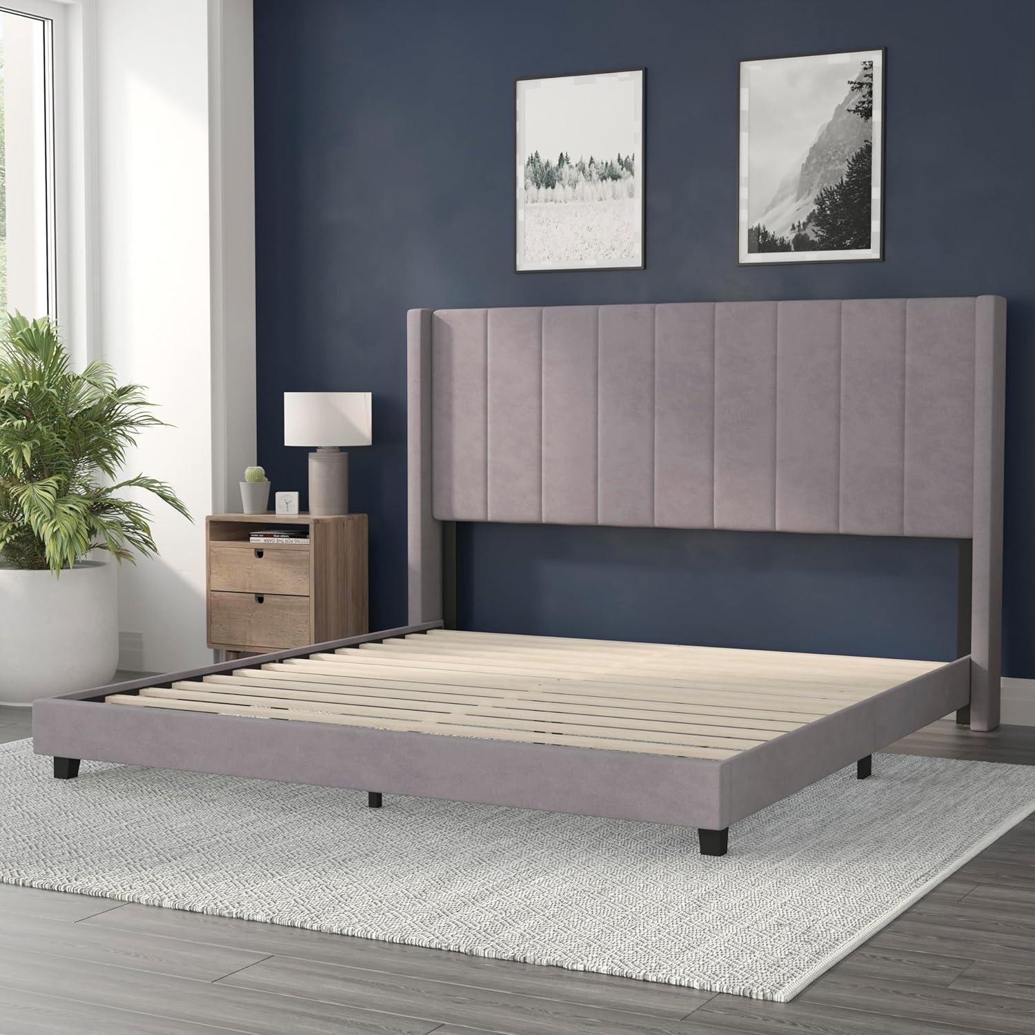 imageFlash Furniture Bianca Upholstered Platform Bed Emerald Velvet Upholstery Queen Wingback Headboard Slatted Mattress Foundation No Box Spring NeededGray Velvet
