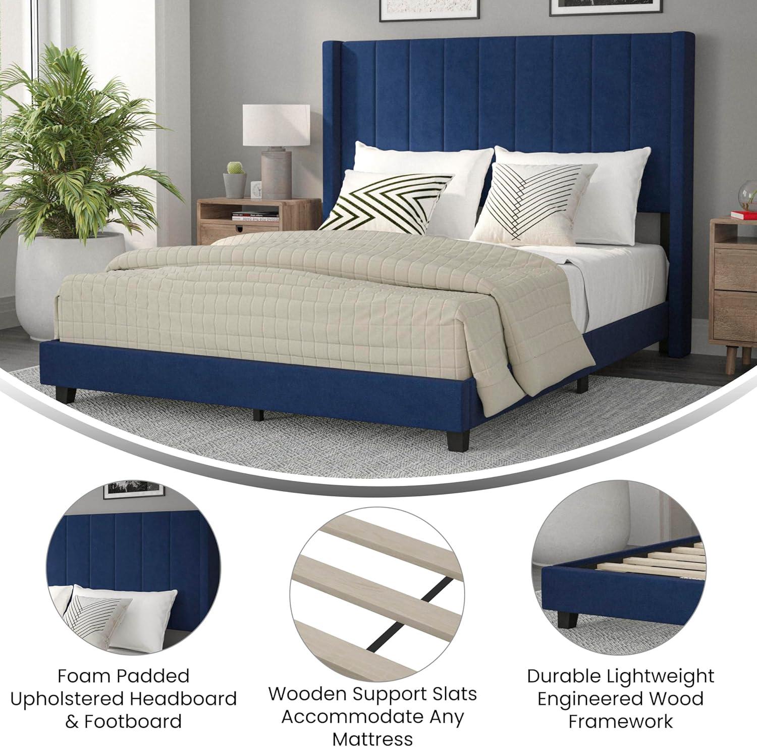 imageFlash Furniture Bianca Upholstered Platform Bed Emerald Velvet Upholstery Queen Wingback Headboard Slatted Mattress Foundation No Box Spring NeededNavy Velvet