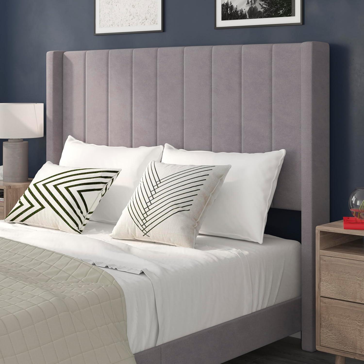 imageFlash Furniture Bianca Upholstered Platform Bed Emerald Velvet Upholstery Queen Wingback Headboard Slatted Mattress Foundation No Box Spring NeededGray Velvet