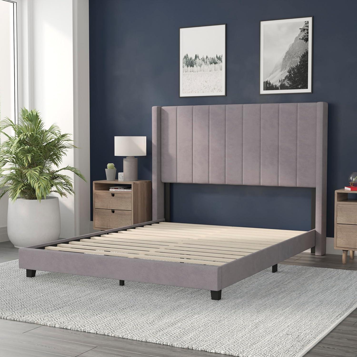 imageFlash Furniture Bianca Upholstered Platform Bed Emerald Velvet Upholstery Queen Wingback Headboard Slatted Mattress Foundation No Box Spring NeededGray Velvet