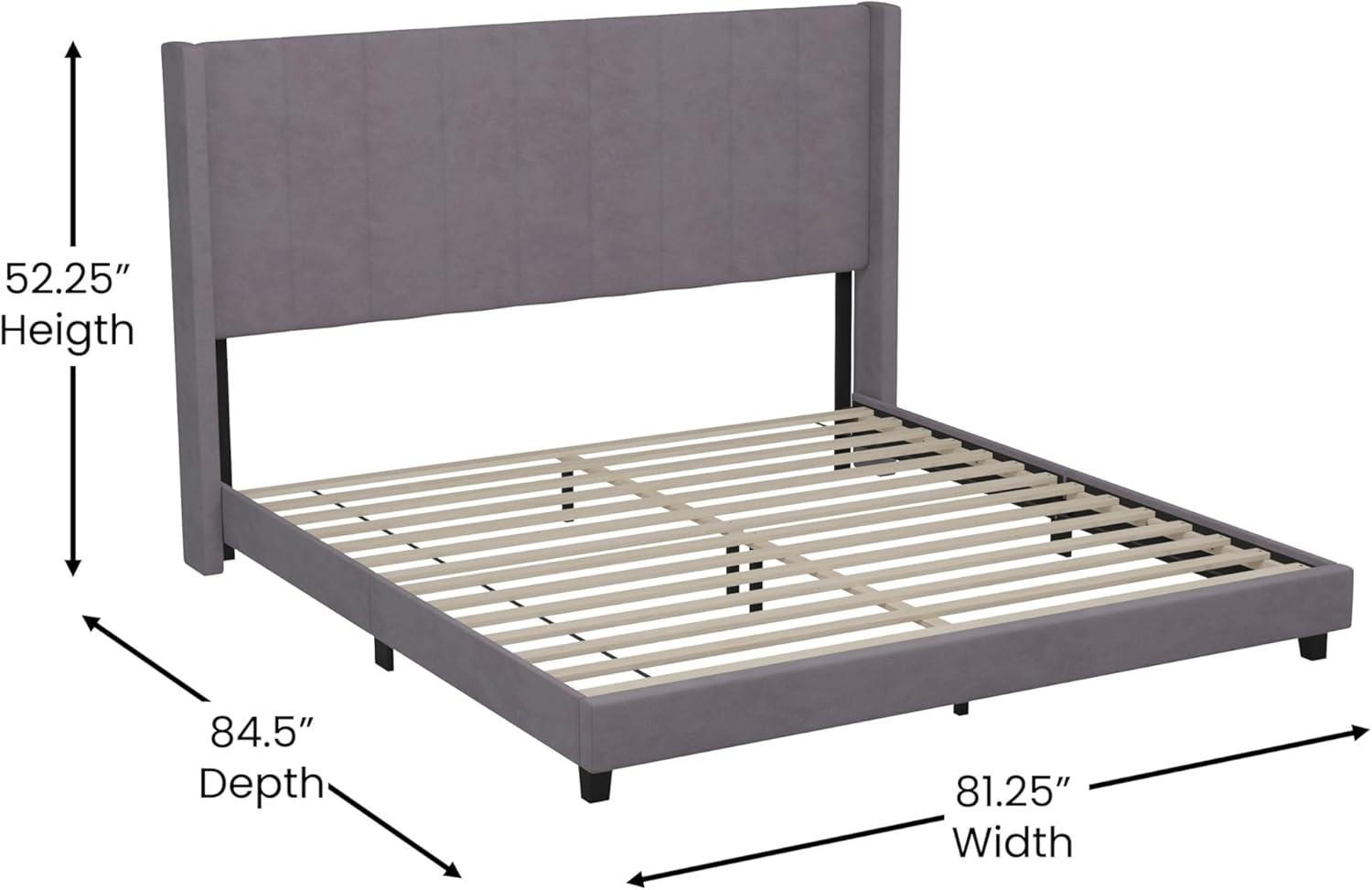 imageFlash Furniture Bianca Upholstered Platform Bed Emerald Velvet Upholstery Queen Wingback Headboard Slatted Mattress Foundation No Box Spring NeededGray Velvet