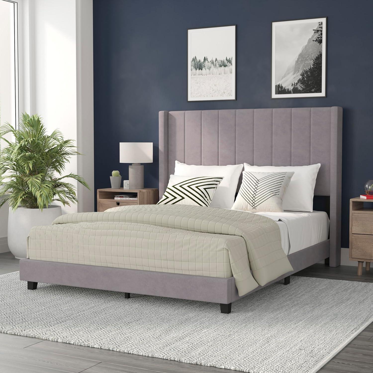 imageFlash Furniture Bianca Upholstered Platform Bed Emerald Velvet Upholstery Queen Wingback Headboard Slatted Mattress Foundation No Box Spring NeededGray Velvet