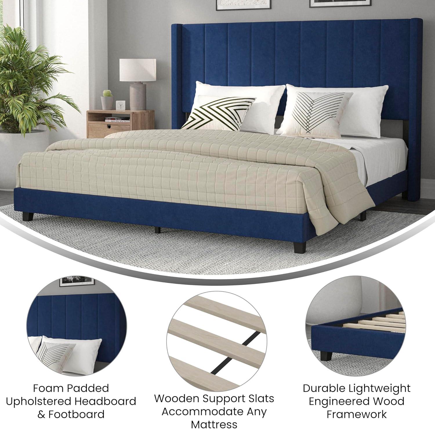imageFlash Furniture Bianca Upholstered Platform Bed Emerald Velvet Upholstery Queen Wingback Headboard Slatted Mattress Foundation No Box Spring NeededNavy Velvet