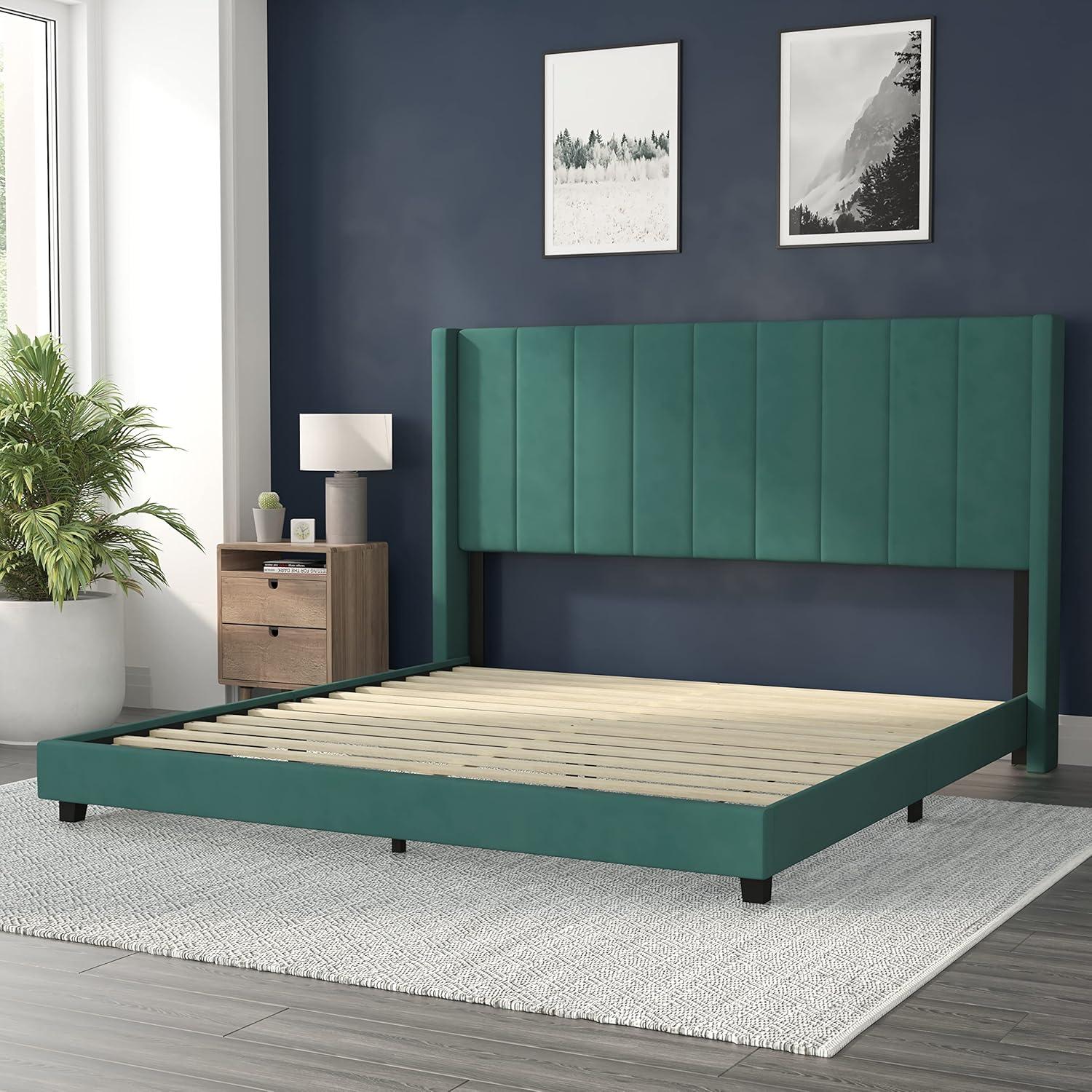 imageFlash Furniture Bianca Upholstered Platform Bed Emerald Velvet Upholstery Queen Wingback Headboard Slatted Mattress Foundation No Box Spring NeededEmerald Velvet