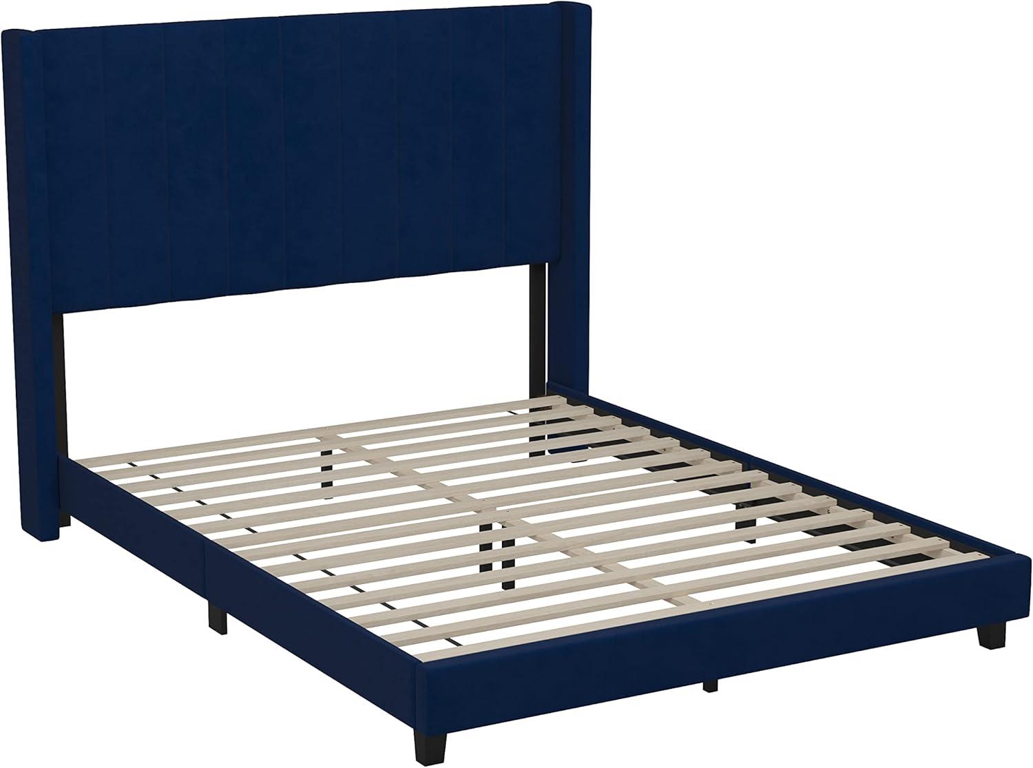 imageFlash Furniture Bianca Upholstered Platform Bed Emerald Velvet Upholstery Queen Wingback Headboard Slatted Mattress Foundation No Box Spring NeededNavy Velvet