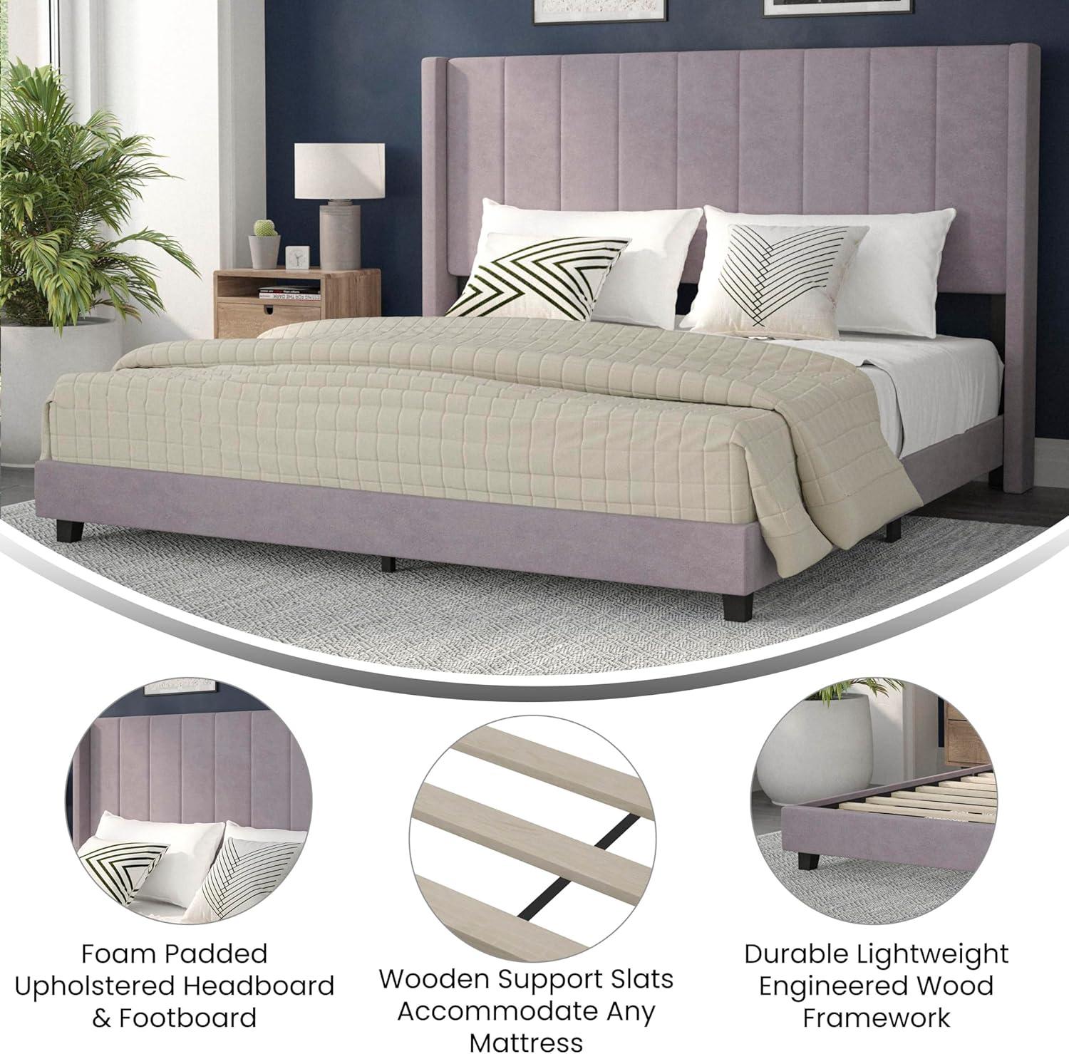 imageFlash Furniture Bianca Upholstered Platform Bed Emerald Velvet Upholstery Queen Wingback Headboard Slatted Mattress Foundation No Box Spring NeededGray Velvet