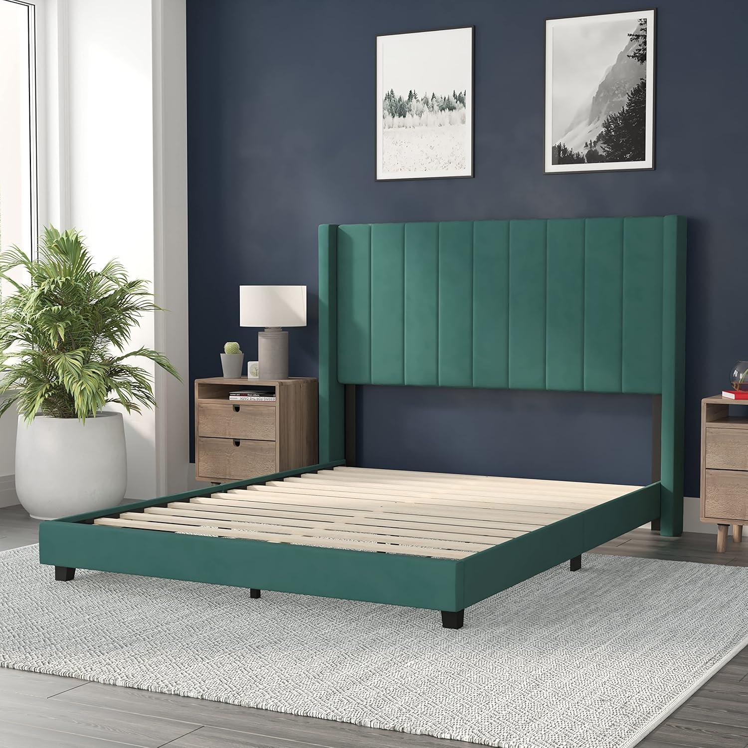 imageFlash Furniture Bianca Upholstered Platform Bed Emerald Velvet Upholstery Queen Wingback Headboard Slatted Mattress Foundation No Box Spring NeededEmerald Velvet