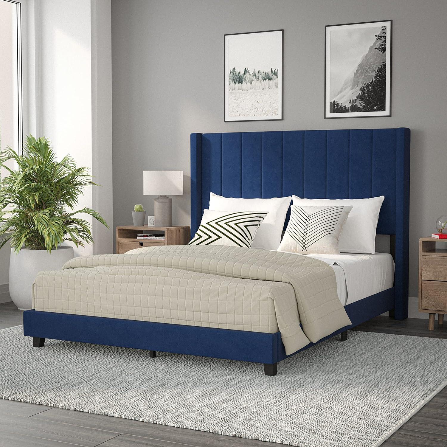 imageFlash Furniture Bianca Upholstered Platform Bed Emerald Velvet Upholstery Queen Wingback Headboard Slatted Mattress Foundation No Box Spring NeededNavy Velvet