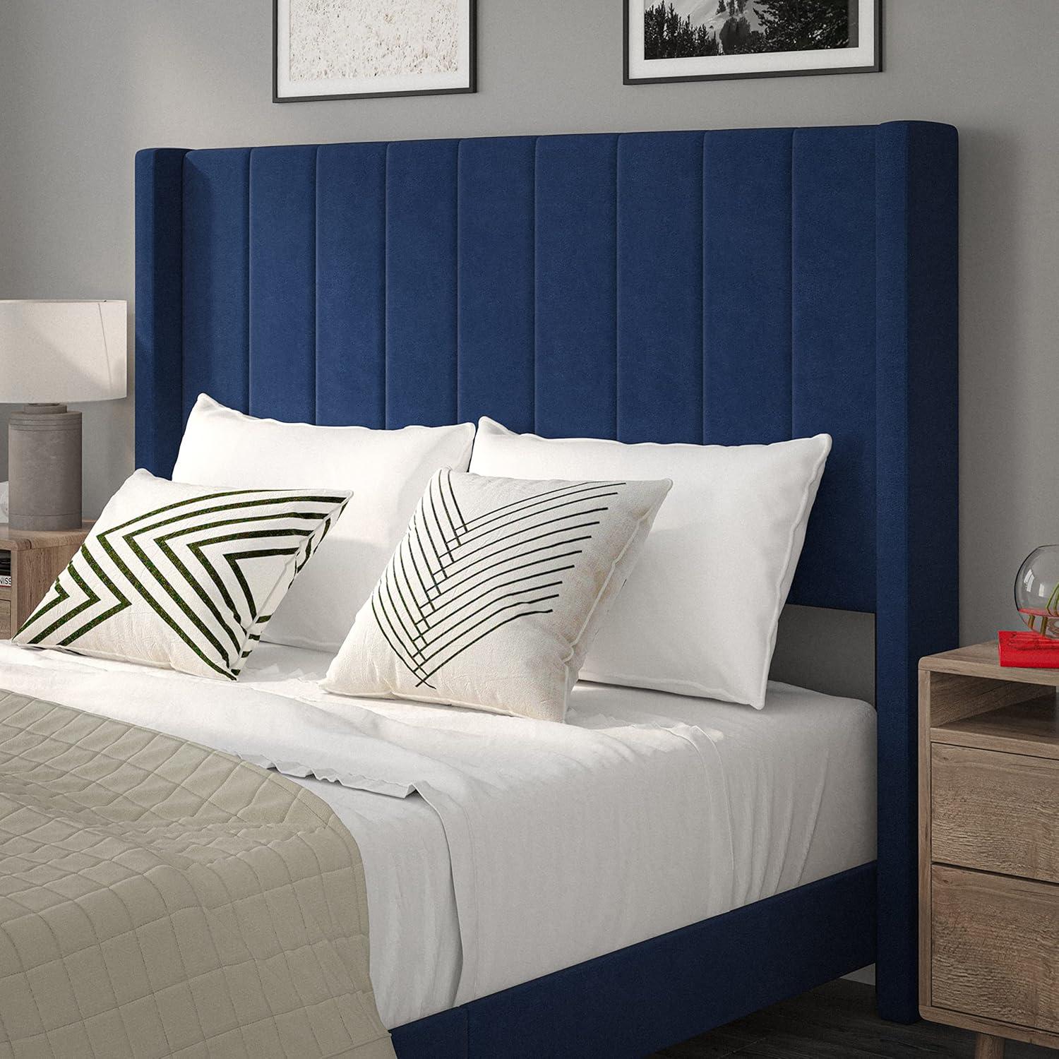 imageFlash Furniture Bianca Upholstered Platform Bed Emerald Velvet Upholstery Queen Wingback Headboard Slatted Mattress Foundation No Box Spring NeededNavy Velvet