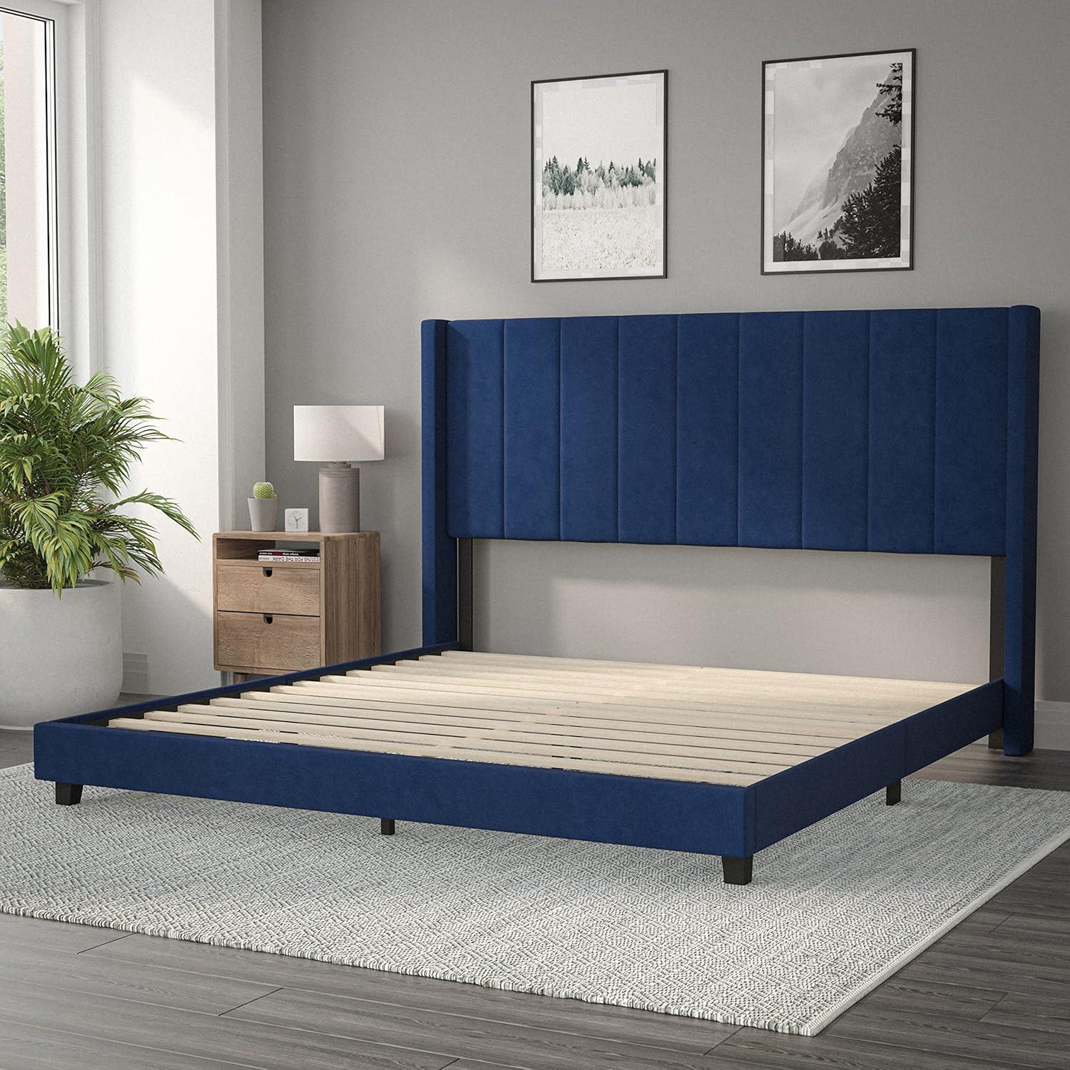 imageFlash Furniture Bianca Upholstered Platform Bed Emerald Velvet Upholstery Queen Wingback Headboard Slatted Mattress Foundation No Box Spring NeededNavy Velvet