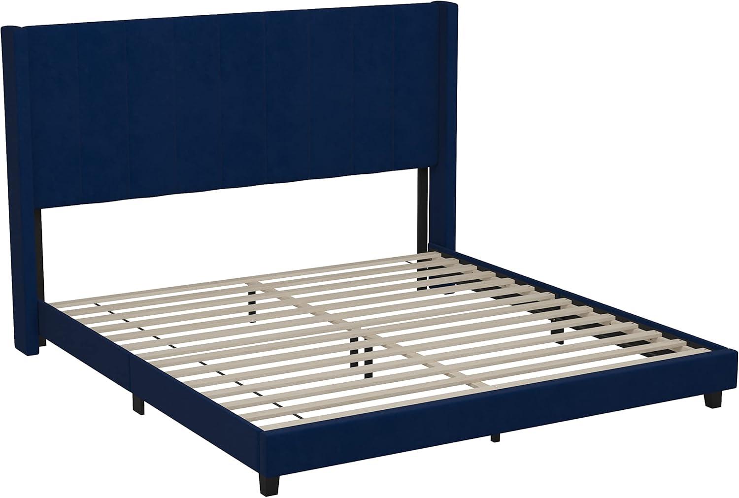 imageFlash Furniture Bianca Upholstered Platform Bed Emerald Velvet Upholstery Queen Wingback Headboard Slatted Mattress Foundation No Box Spring NeededNavy Velvet
