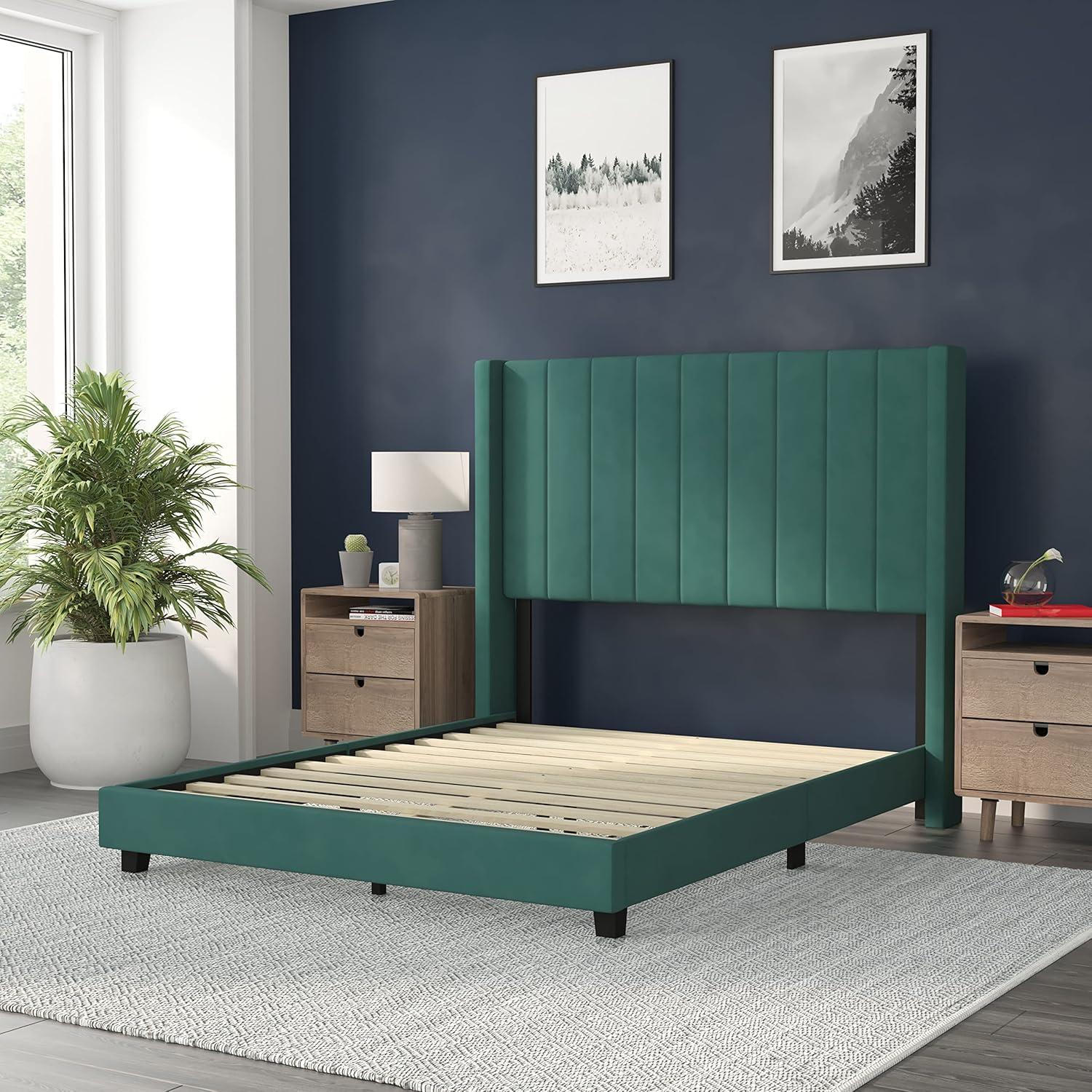 imageFlash Furniture Bianca Upholstered Platform Bed Emerald Velvet Upholstery Queen Wingback Headboard Slatted Mattress Foundation No Box Spring NeededEmerald Velvet