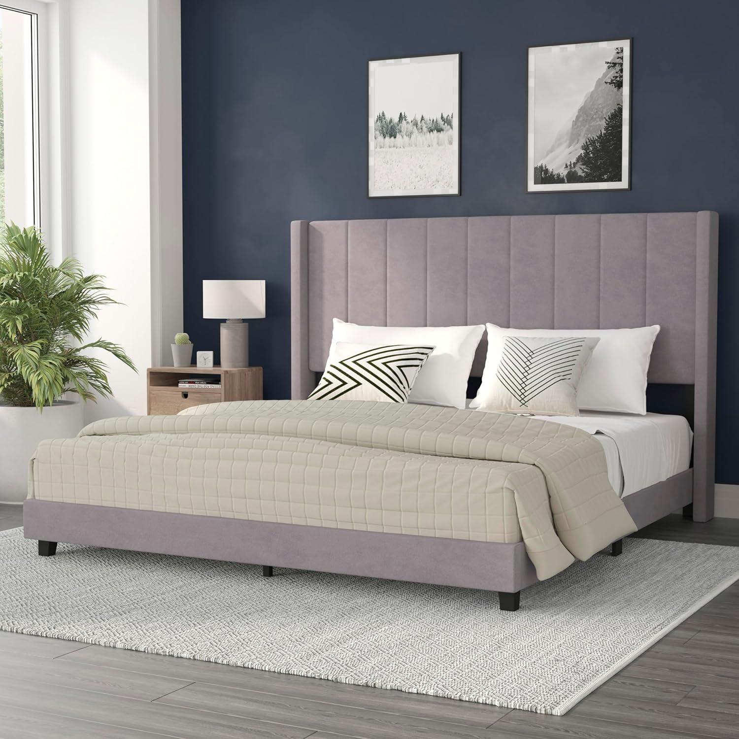 imageFlash Furniture Bianca Upholstered Platform Bed Emerald Velvet Upholstery Queen Wingback Headboard Slatted Mattress Foundation No Box Spring NeededGray Velvet