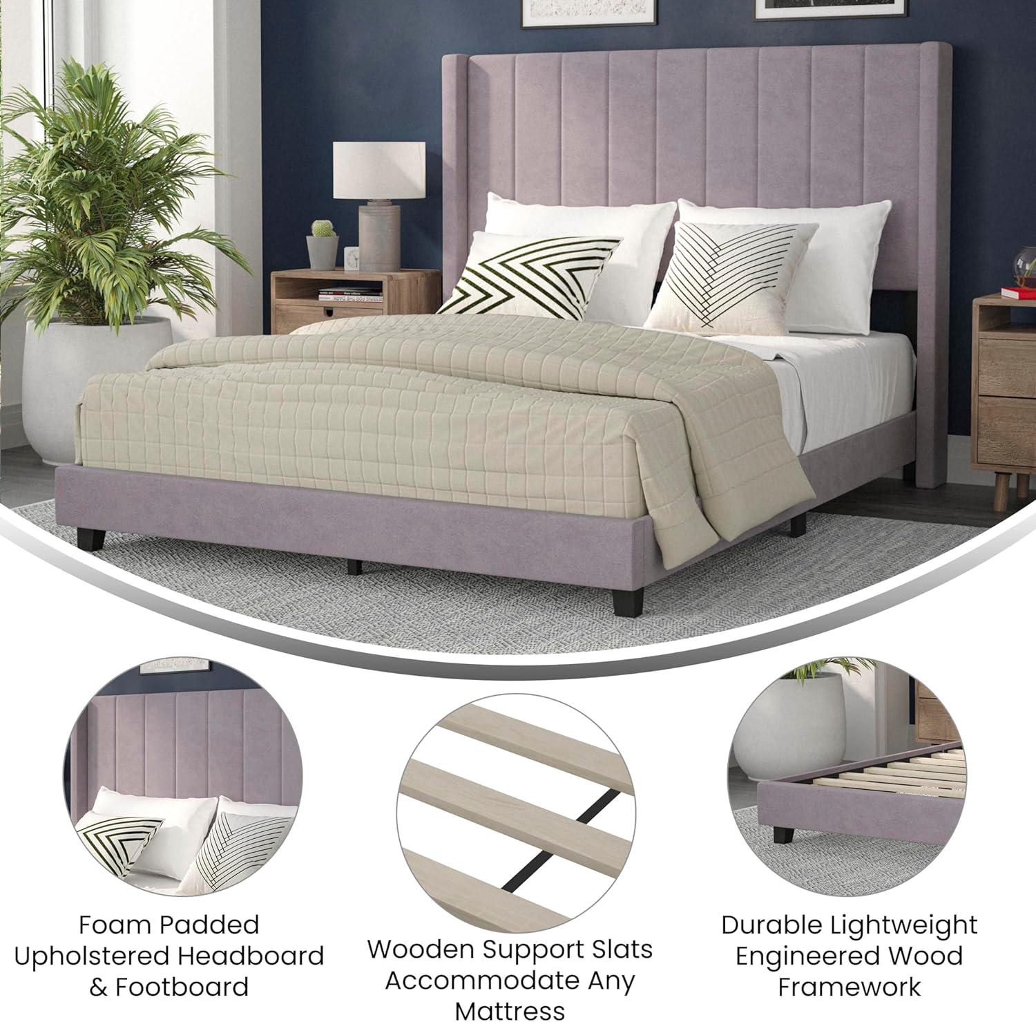 imageFlash Furniture Bianca Upholstered Platform Bed Emerald Velvet Upholstery Queen Wingback Headboard Slatted Mattress Foundation No Box Spring NeededGray Velvet