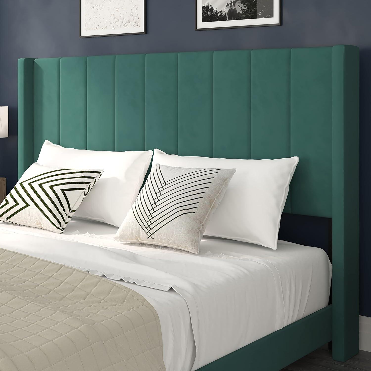 imageFlash Furniture Bianca Upholstered Platform Bed Emerald Velvet Upholstery Queen Wingback Headboard Slatted Mattress Foundation No Box Spring NeededEmerald Velvet