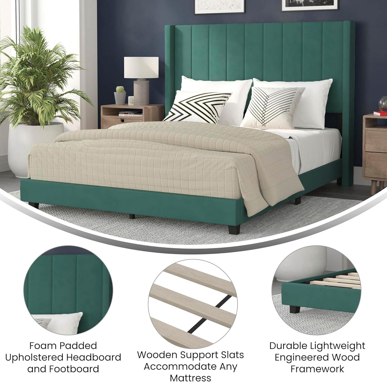 imageFlash Furniture Bianca Upholstered Platform Bed Emerald Velvet Upholstery Queen Wingback Headboard Slatted Mattress Foundation No Box Spring NeededEmerald Velvet
