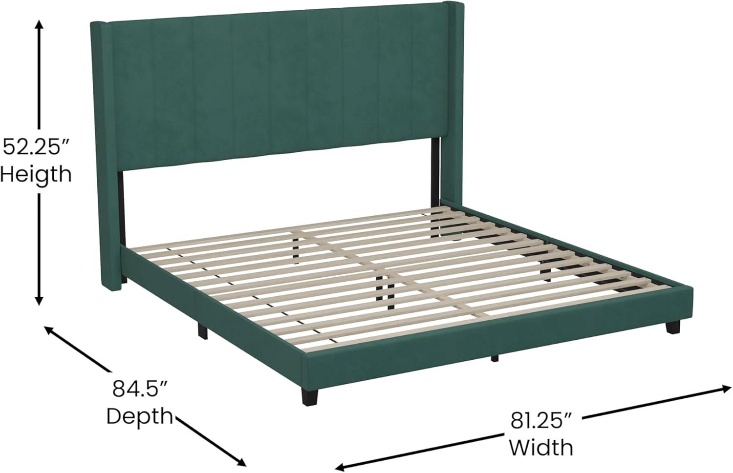 imageFlash Furniture Bianca Upholstered Platform Bed Emerald Velvet Upholstery Queen Wingback Headboard Slatted Mattress Foundation No Box Spring NeededEmerald Velvet