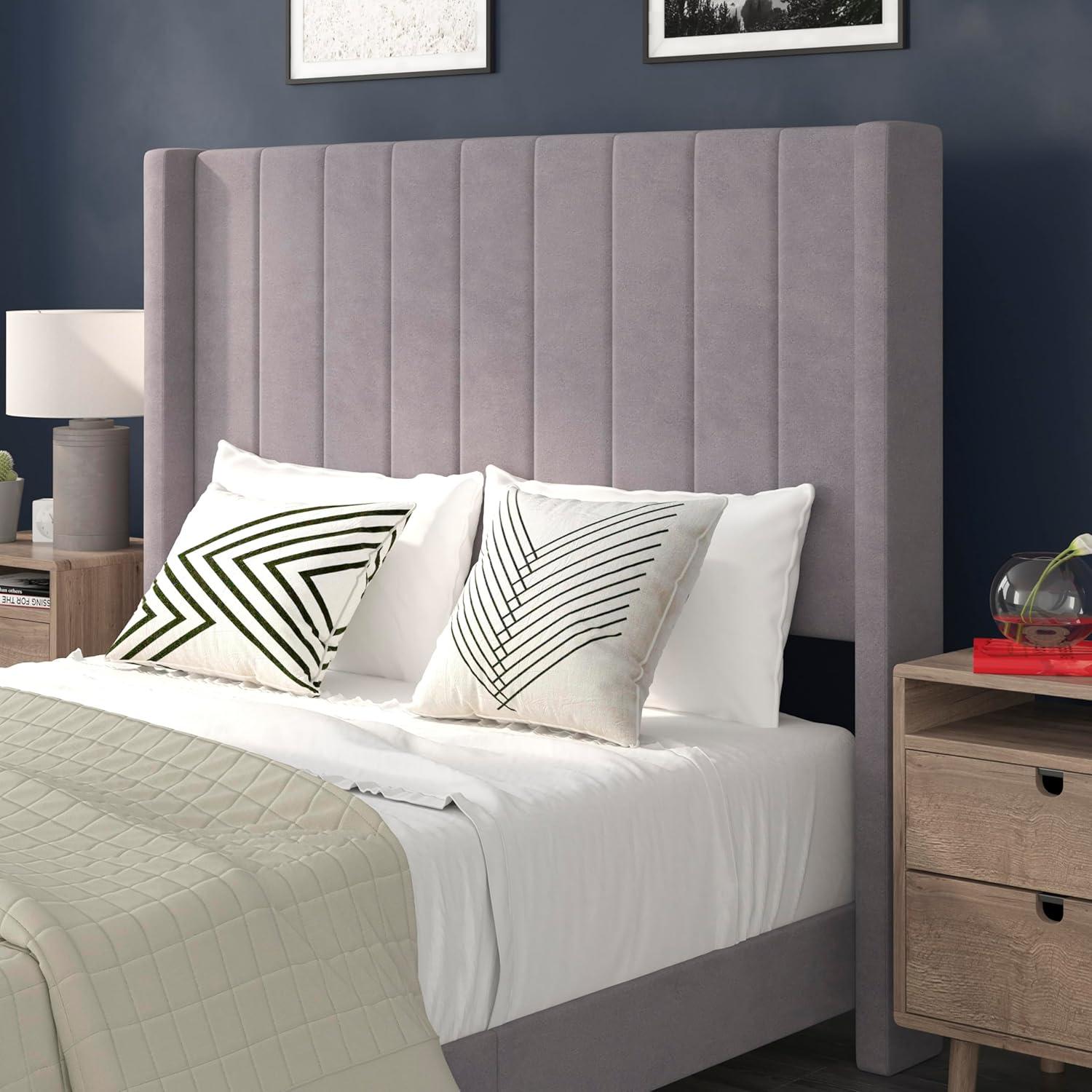 imageFlash Furniture Bianca Upholstered Platform Bed Emerald Velvet Upholstery Queen Wingback Headboard Slatted Mattress Foundation No Box Spring NeededGray Velvet