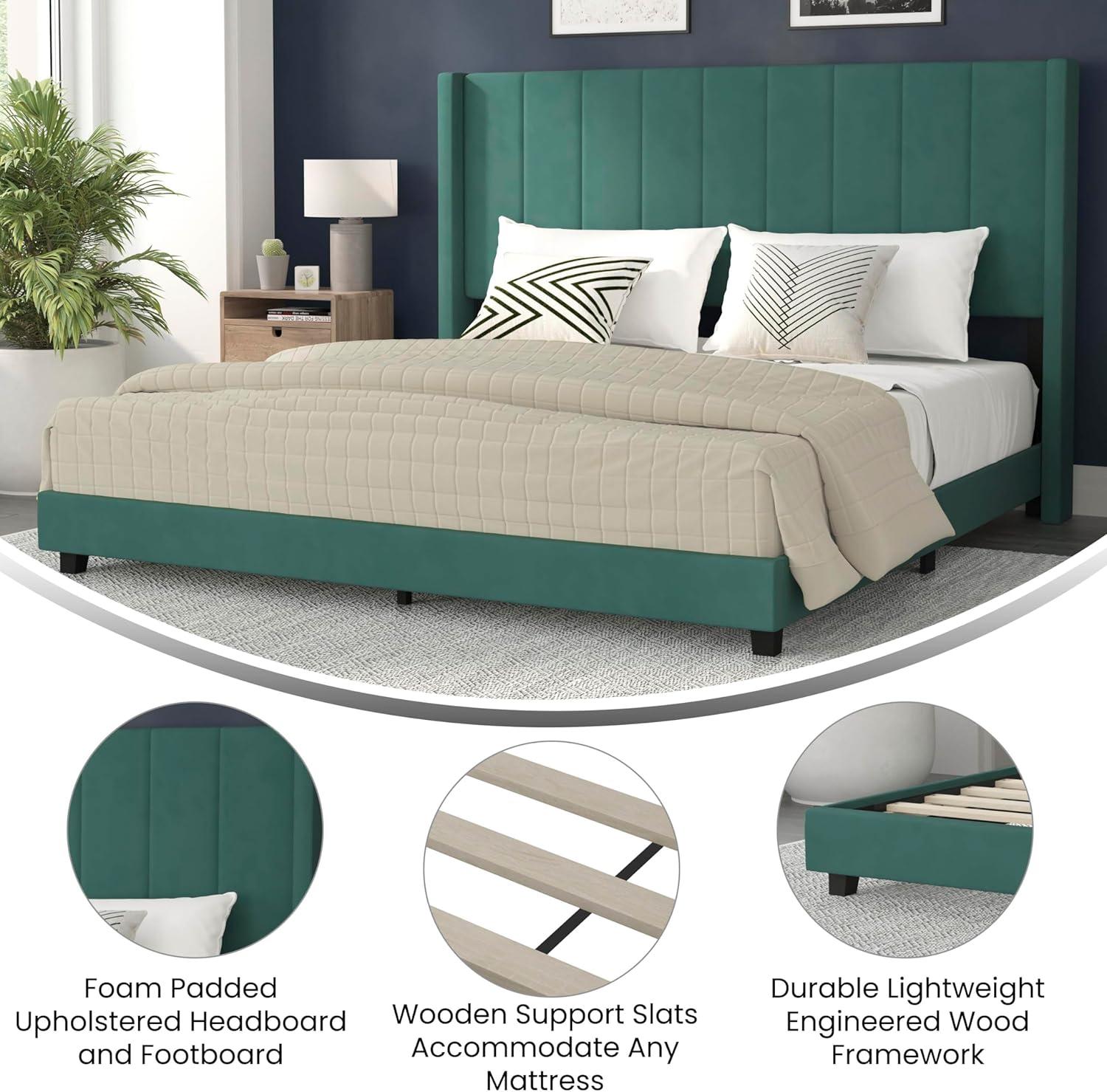 imageFlash Furniture Bianca Upholstered Platform Bed Emerald Velvet Upholstery Queen Wingback Headboard Slatted Mattress Foundation No Box Spring NeededEmerald Velvet