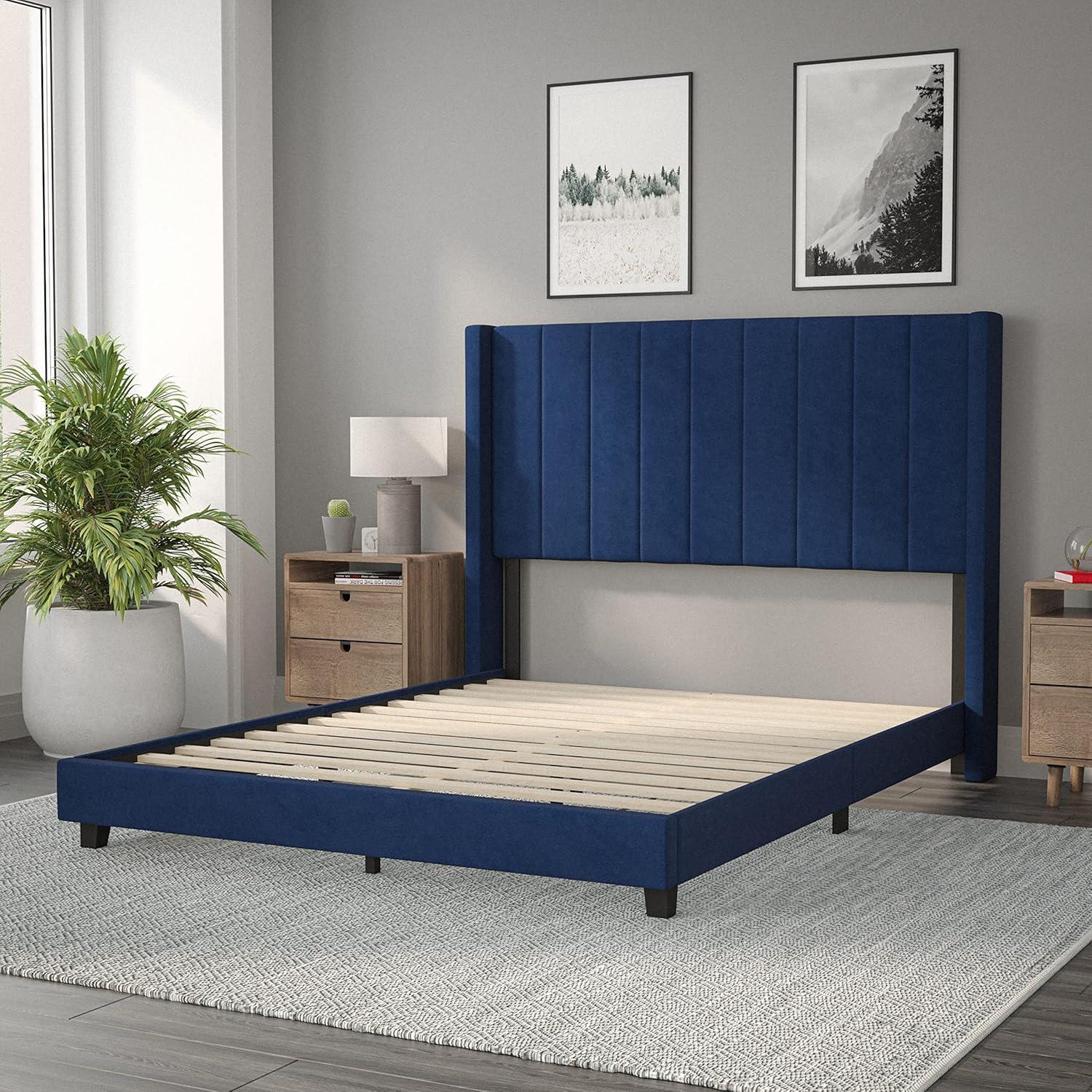 imageFlash Furniture Bianca Upholstered Platform Bed Emerald Velvet Upholstery Queen Wingback Headboard Slatted Mattress Foundation No Box Spring NeededNavy Velvet