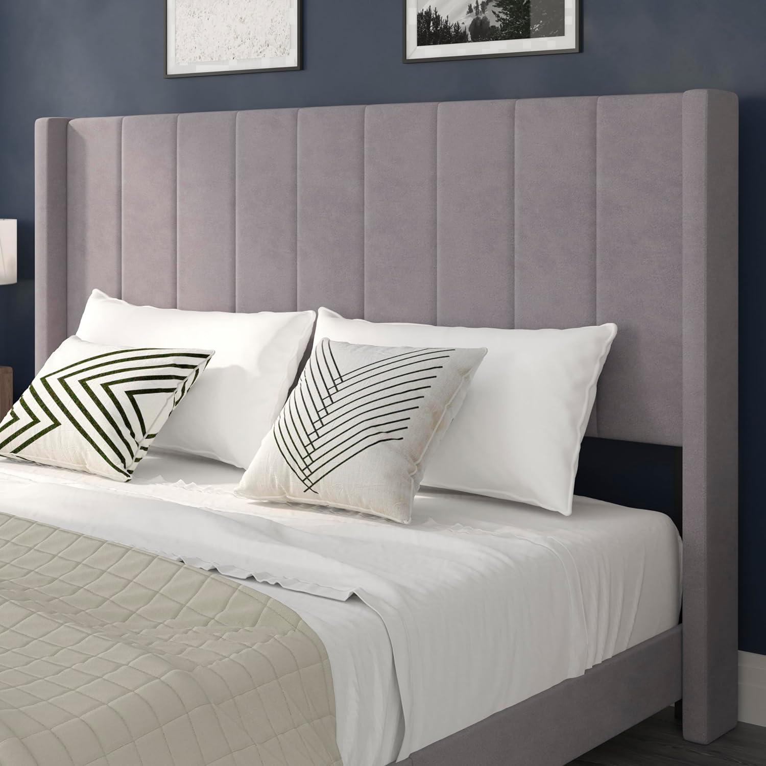 imageFlash Furniture Bianca Upholstered Platform Bed Emerald Velvet Upholstery Queen Wingback Headboard Slatted Mattress Foundation No Box Spring NeededGray Velvet