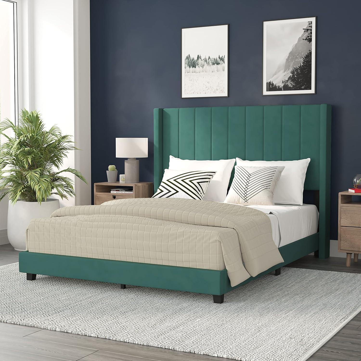 imageFlash Furniture Bianca Upholstered Platform Bed Emerald Velvet Upholstery Queen Wingback Headboard Slatted Mattress Foundation No Box Spring NeededEmerald Velvet